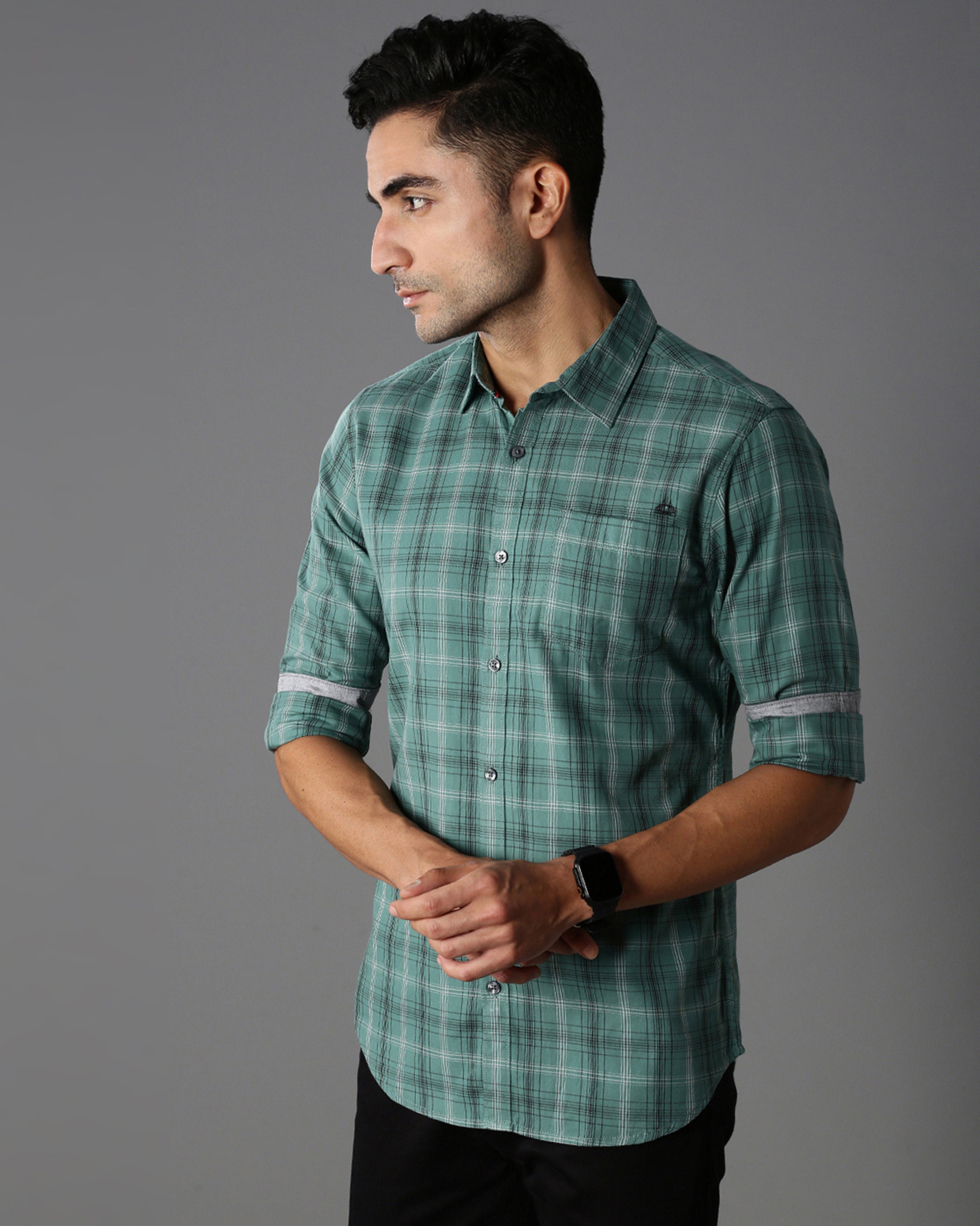 Men Green Cotton Slim Shirt