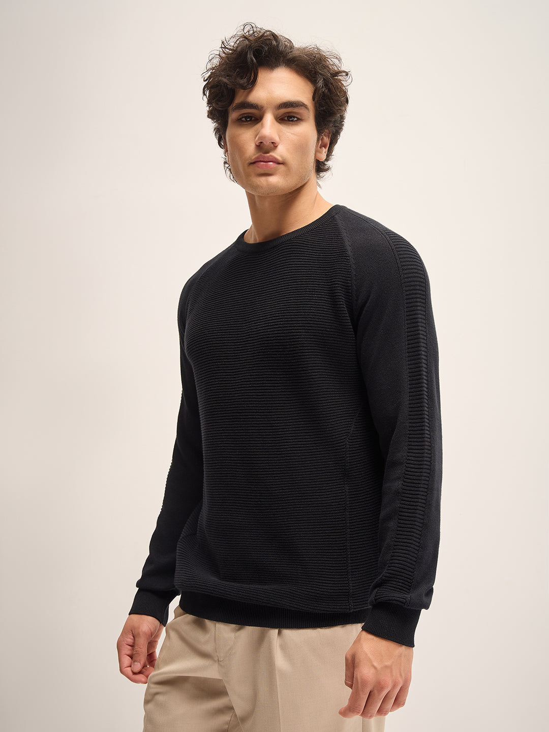 Men Black Self Design Regular Fit Crew Neck T-Shirt