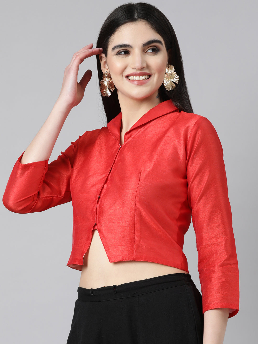 Red Solid Three-Quarter Sleeves Mandarin Collar Dupion Silk Knot Blouse