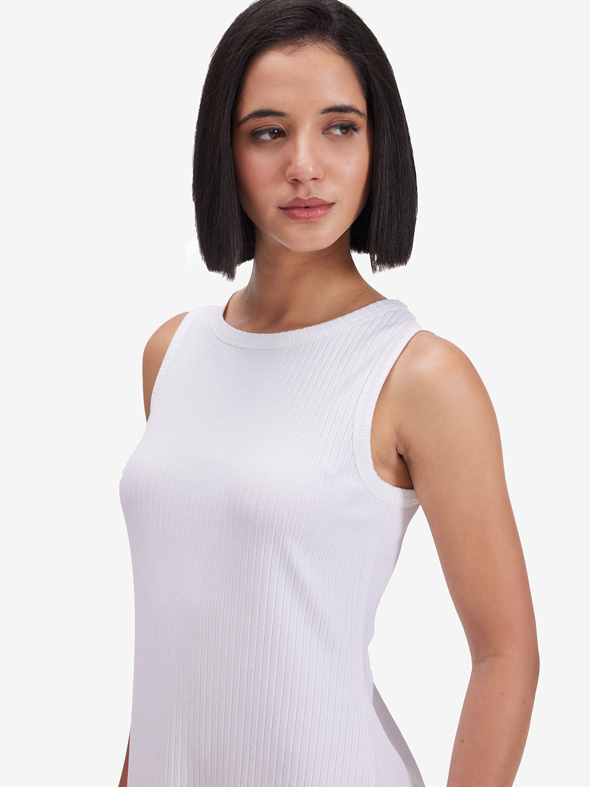 Women White Ribbed Side Slit Midi Dress