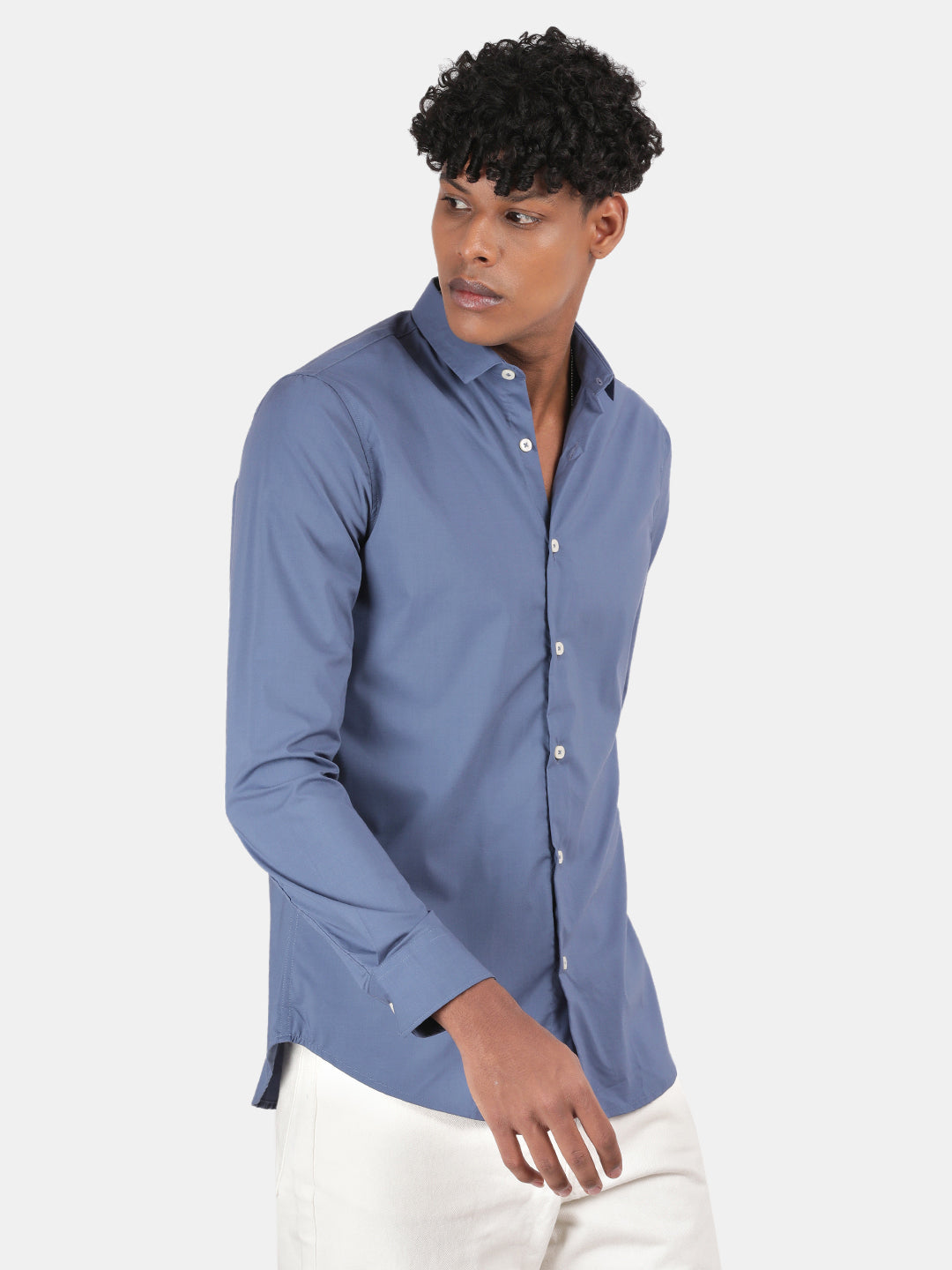 Men Blue Slim Fit Spread Collar Full Sleeve Casual Shirt