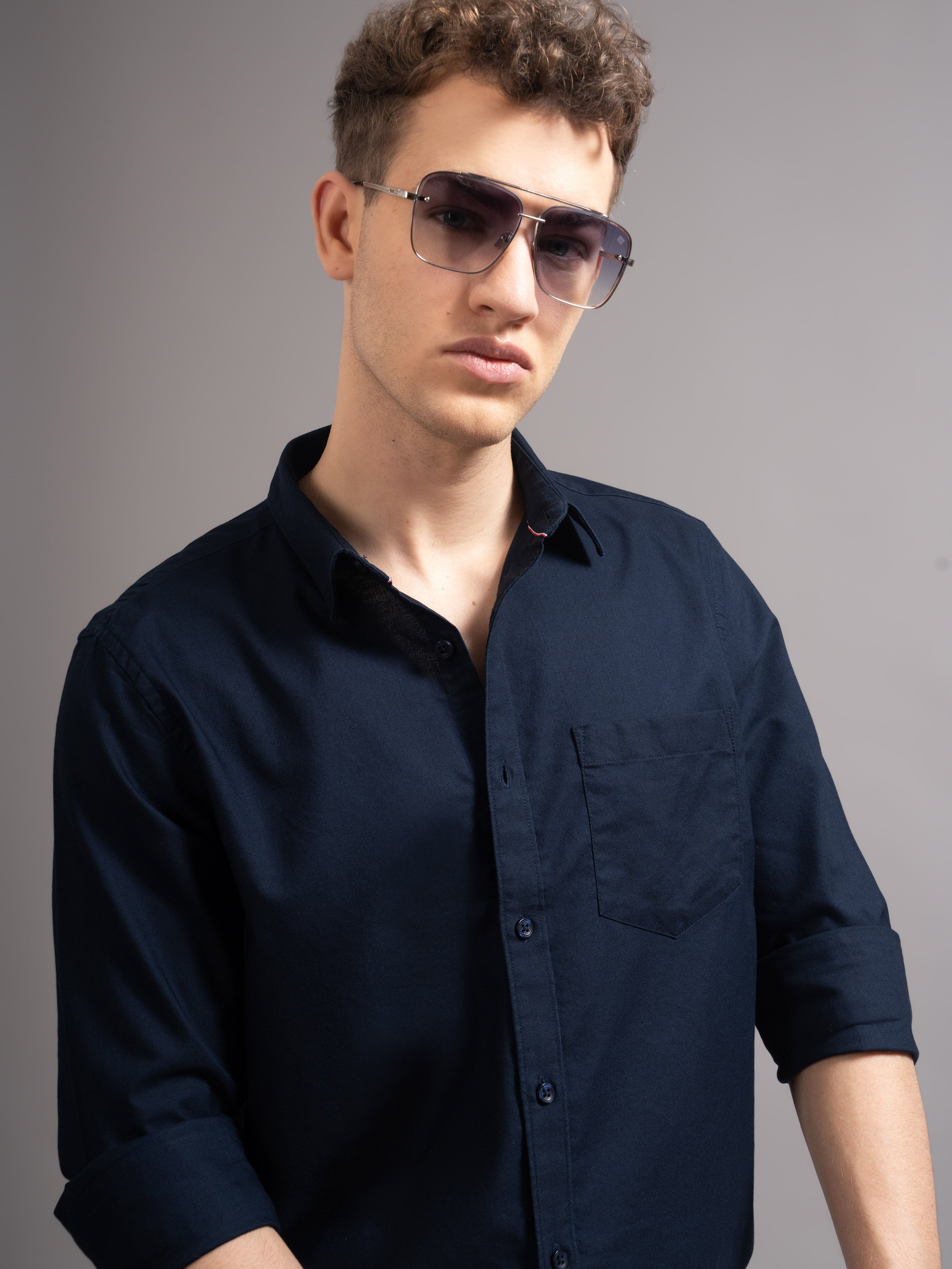 Men Navy Blue Casual Shirt