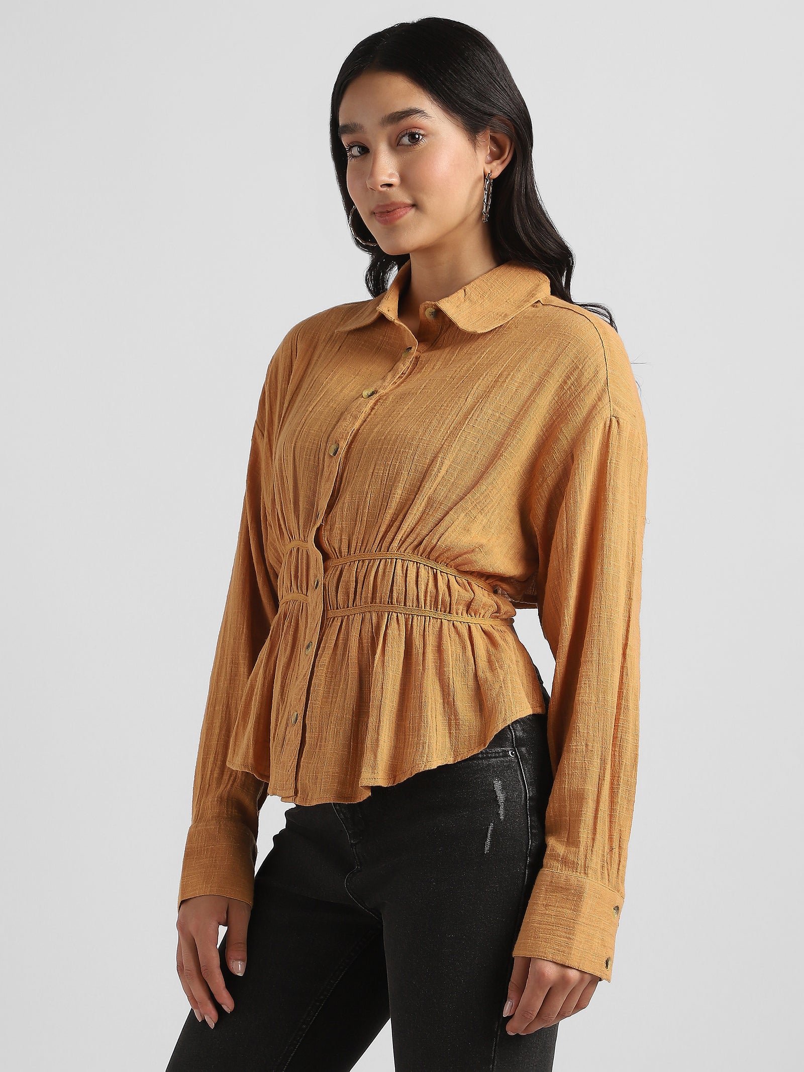 Women Mustard Shirt with Back Bottom Cut Out