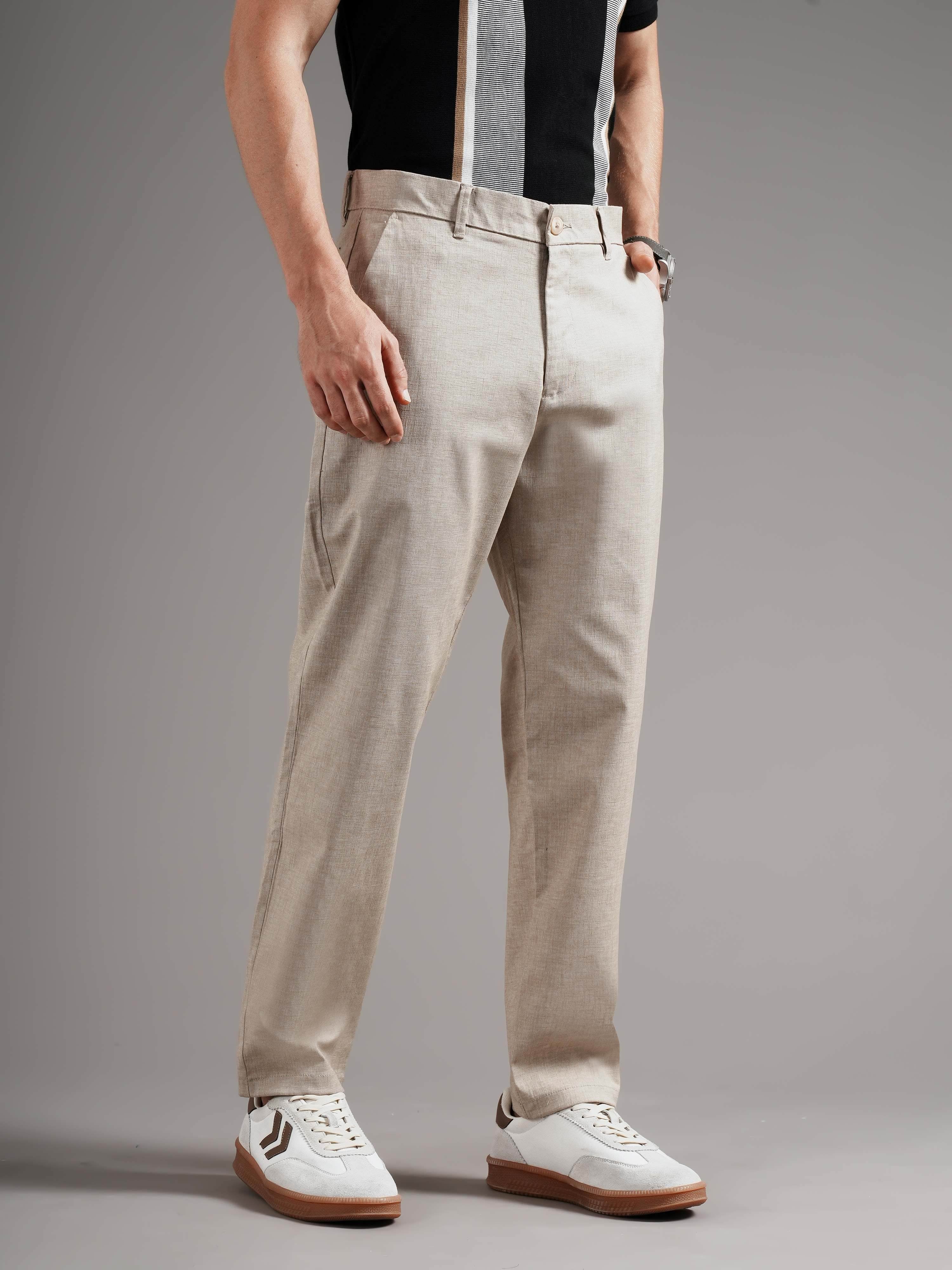 Men Beige Straight Fit Trousers