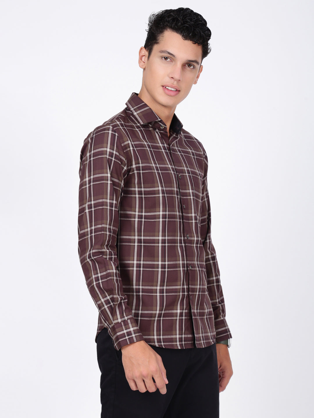 Men Brown Checked Slim Fit Formal Shirt