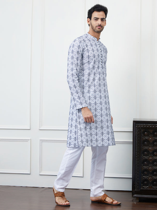 Men Blue Chikankari Embroidered Cotton Kurta
