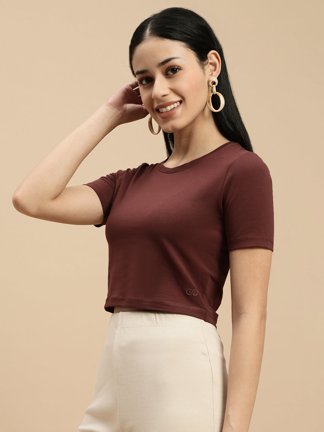 Women Brown Half Sleeve Crop Top