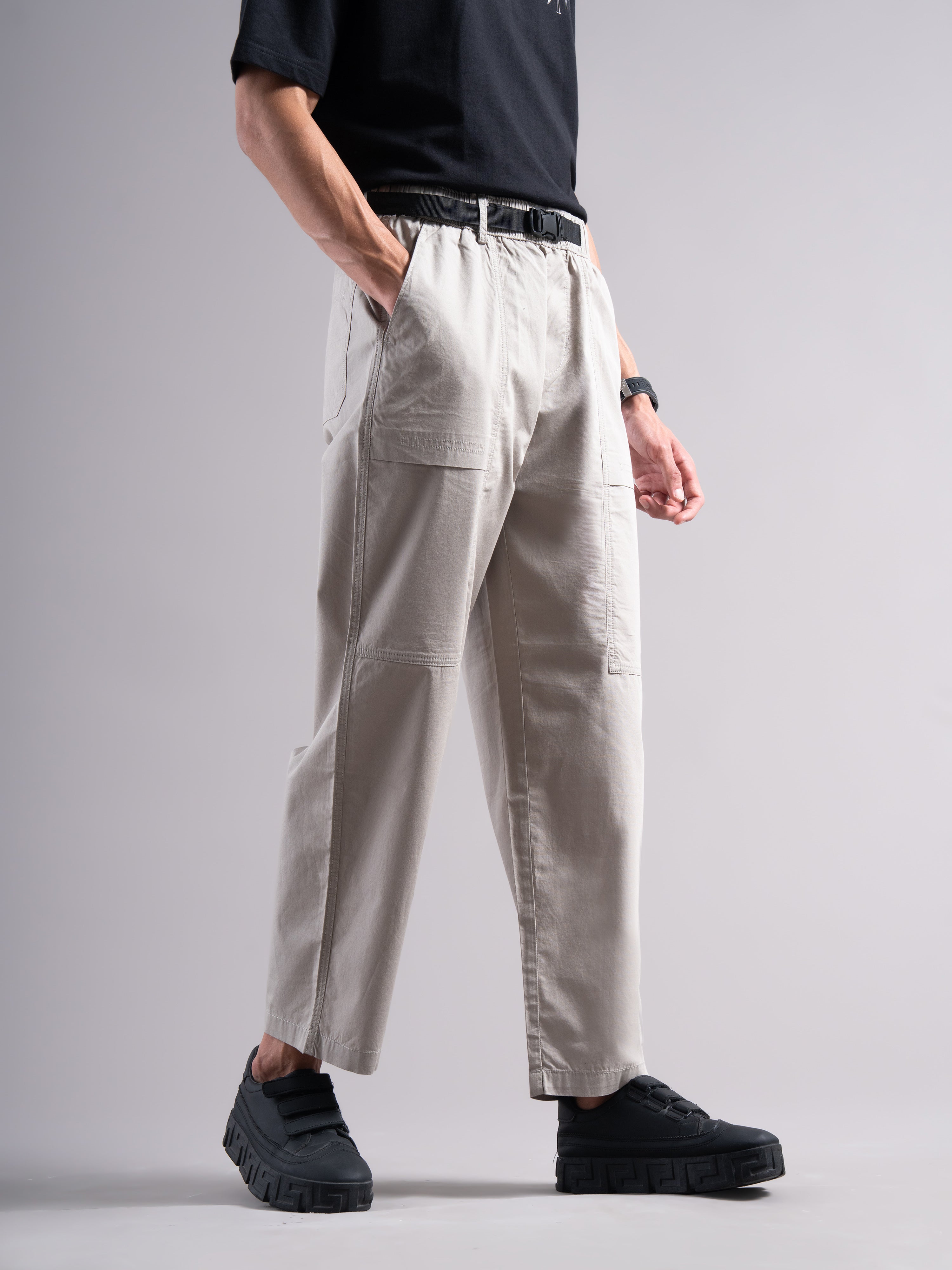 Men Grey Buckle Waist Trousers