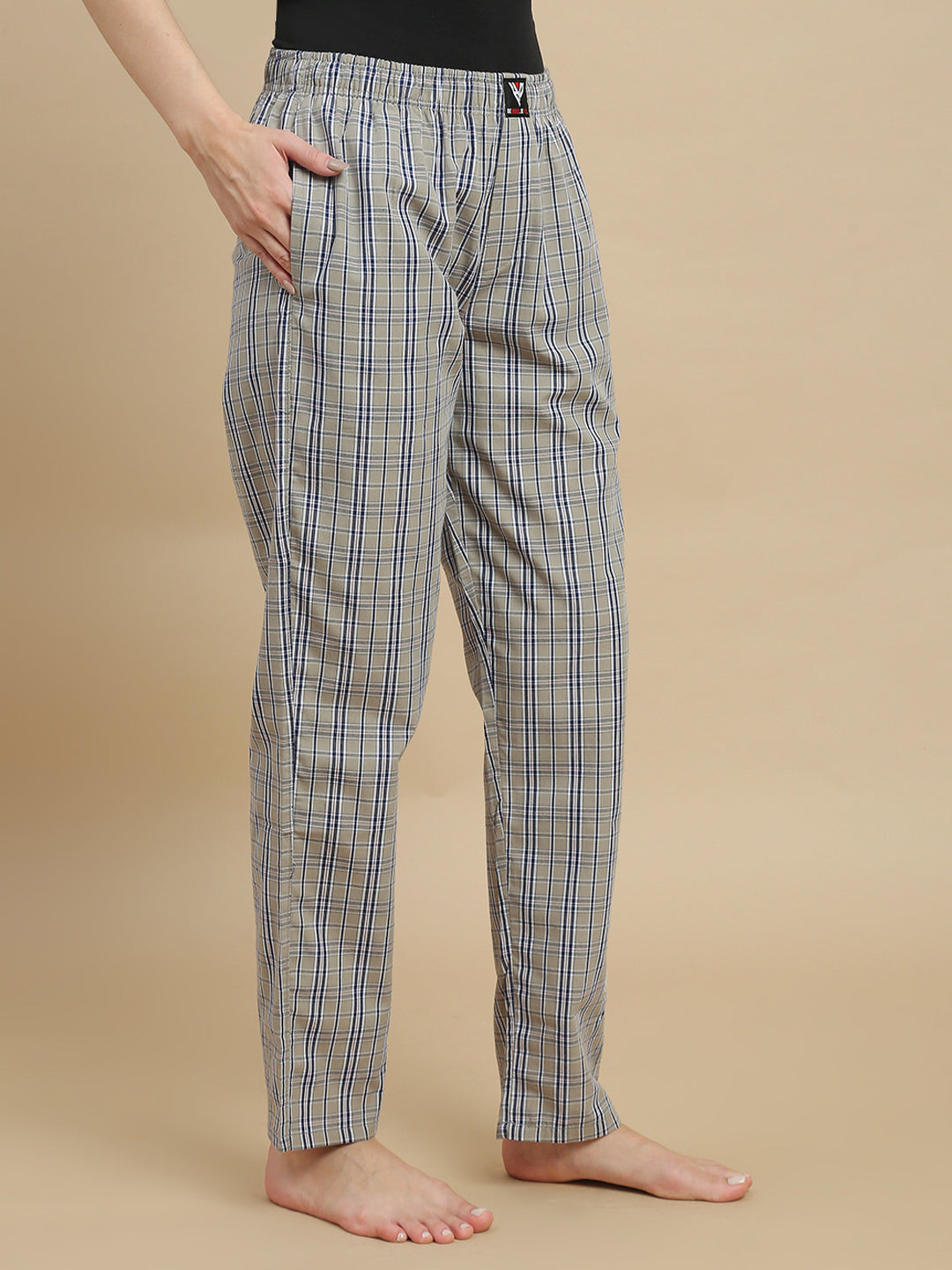 Women Taupe Checked Cotton Pyjamas