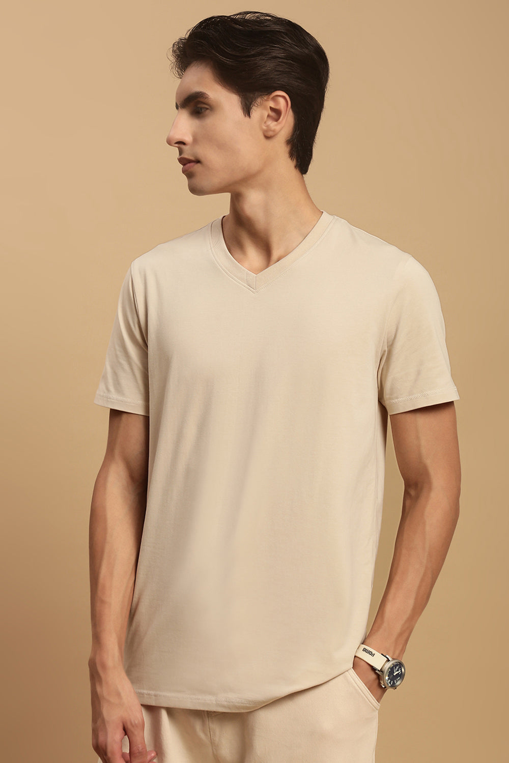 Men Beige Half Sleeve T-Shirt