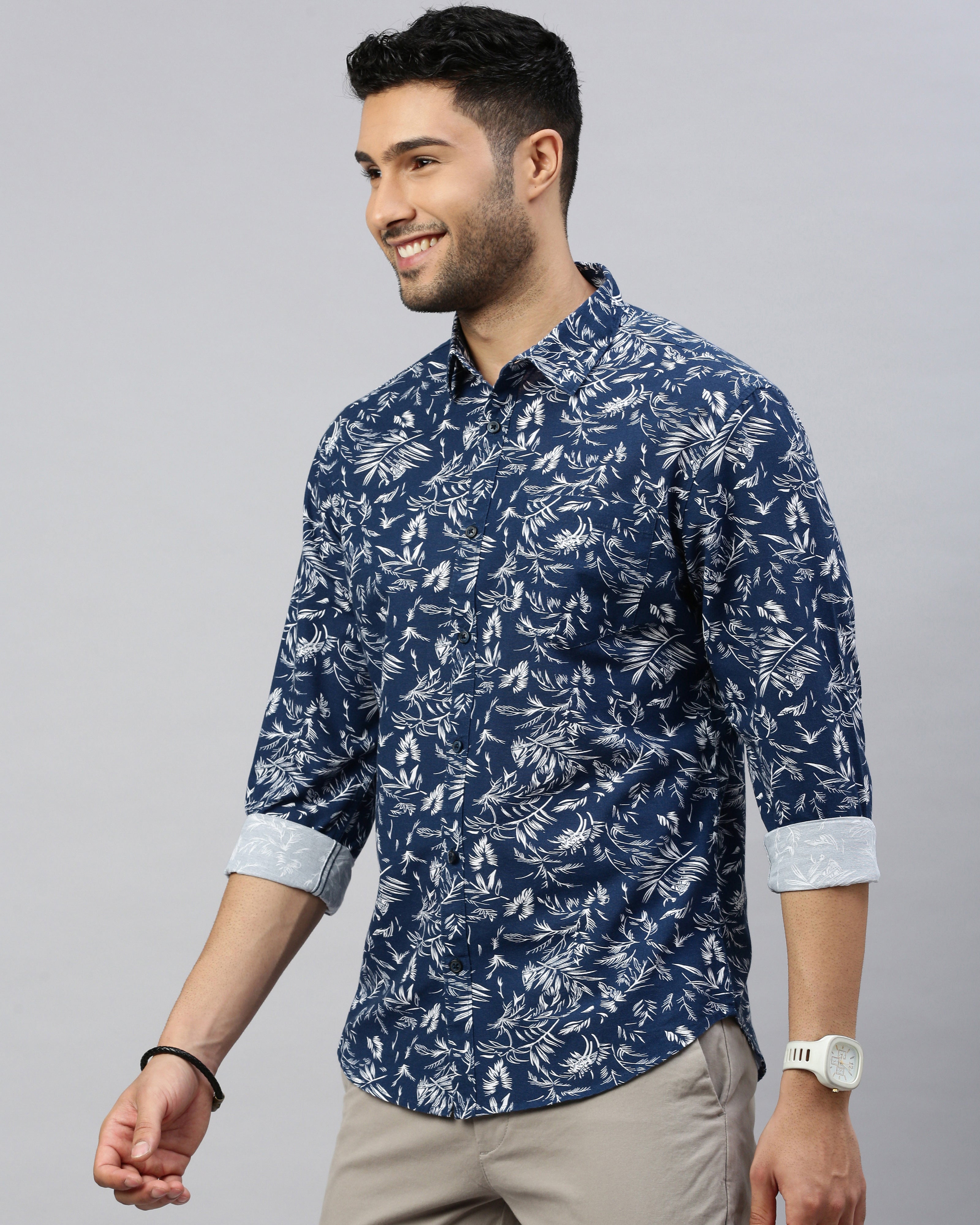 Men Navy Blue Cotton Slim Shirt