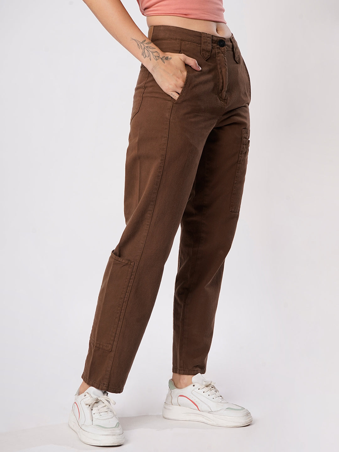 Women Brown Cargo Trouser with Waistband detailing