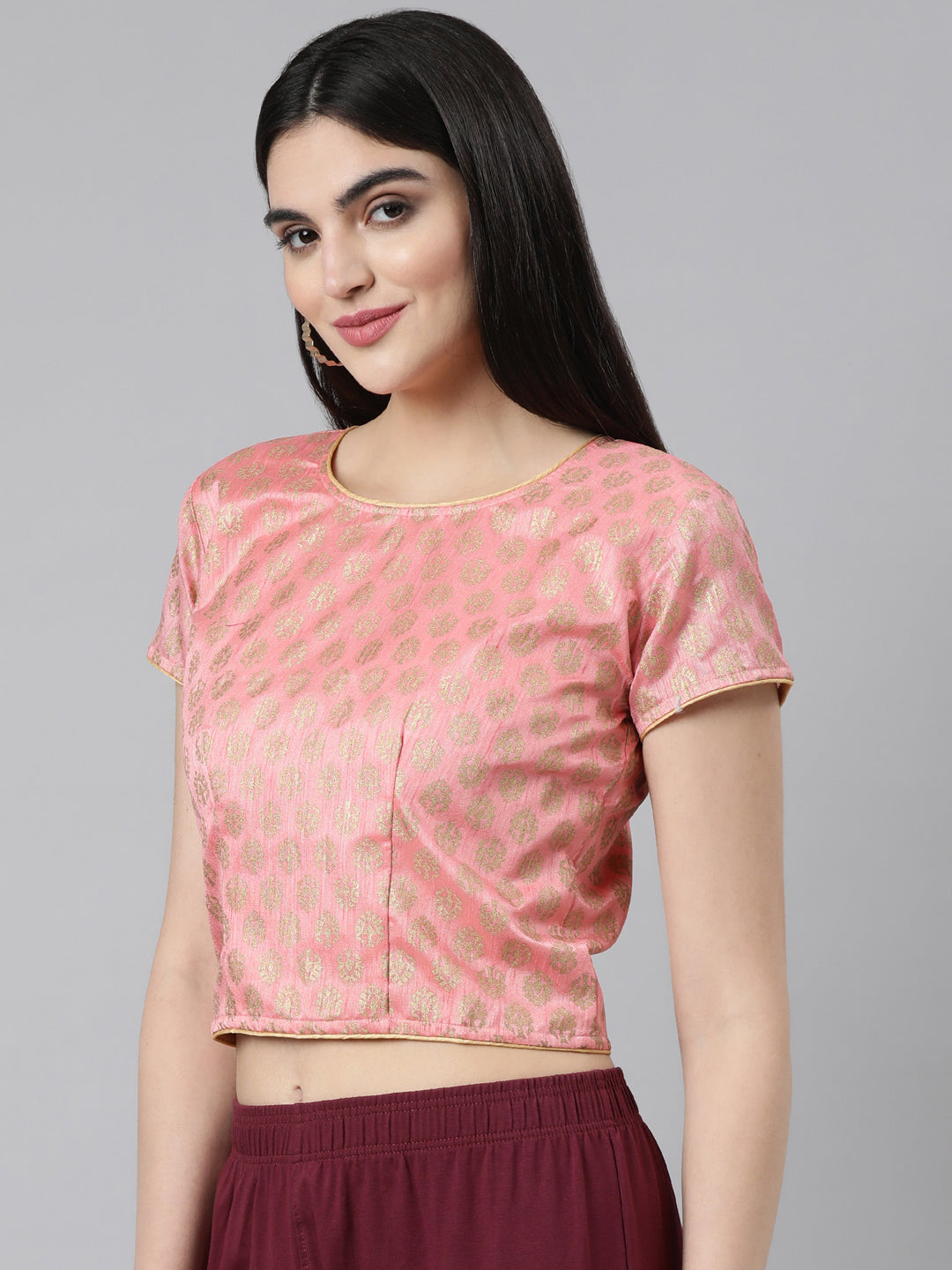 Pink Solid Short Sleeves Mandarin Collar Dupion Silk Knot Blouse