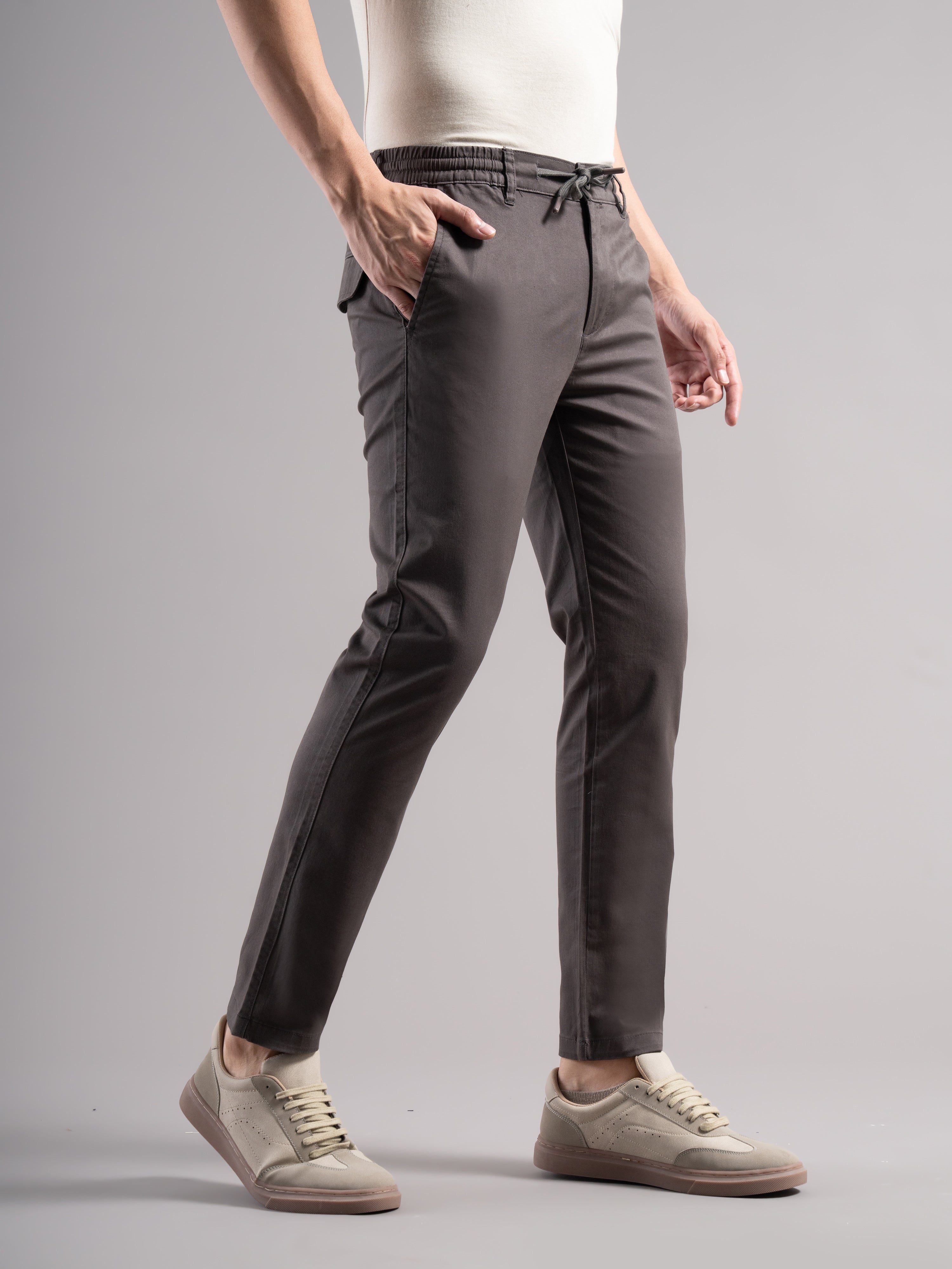 Men Grey Elastic Drawstring Trousers