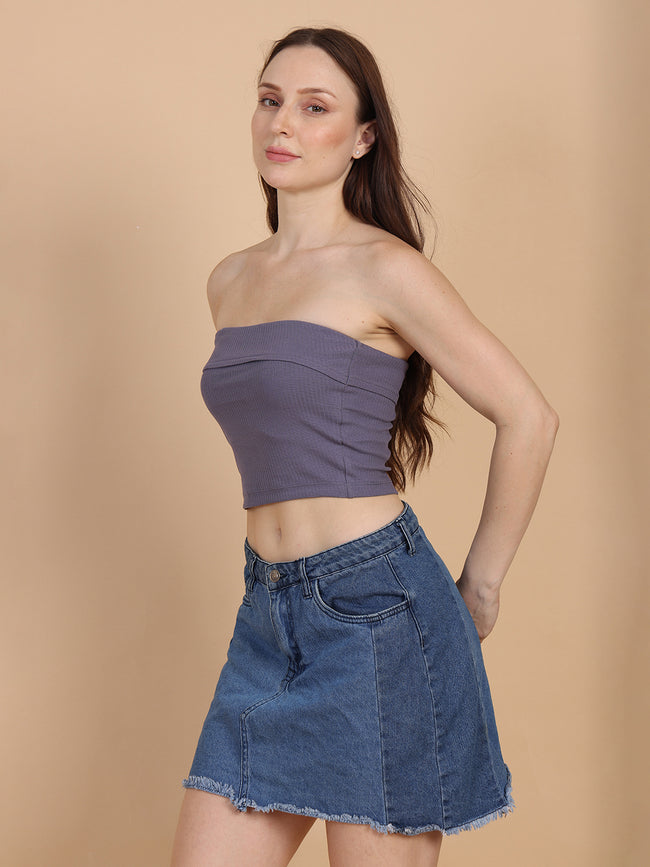 Women Blue Over Fold Tube Top