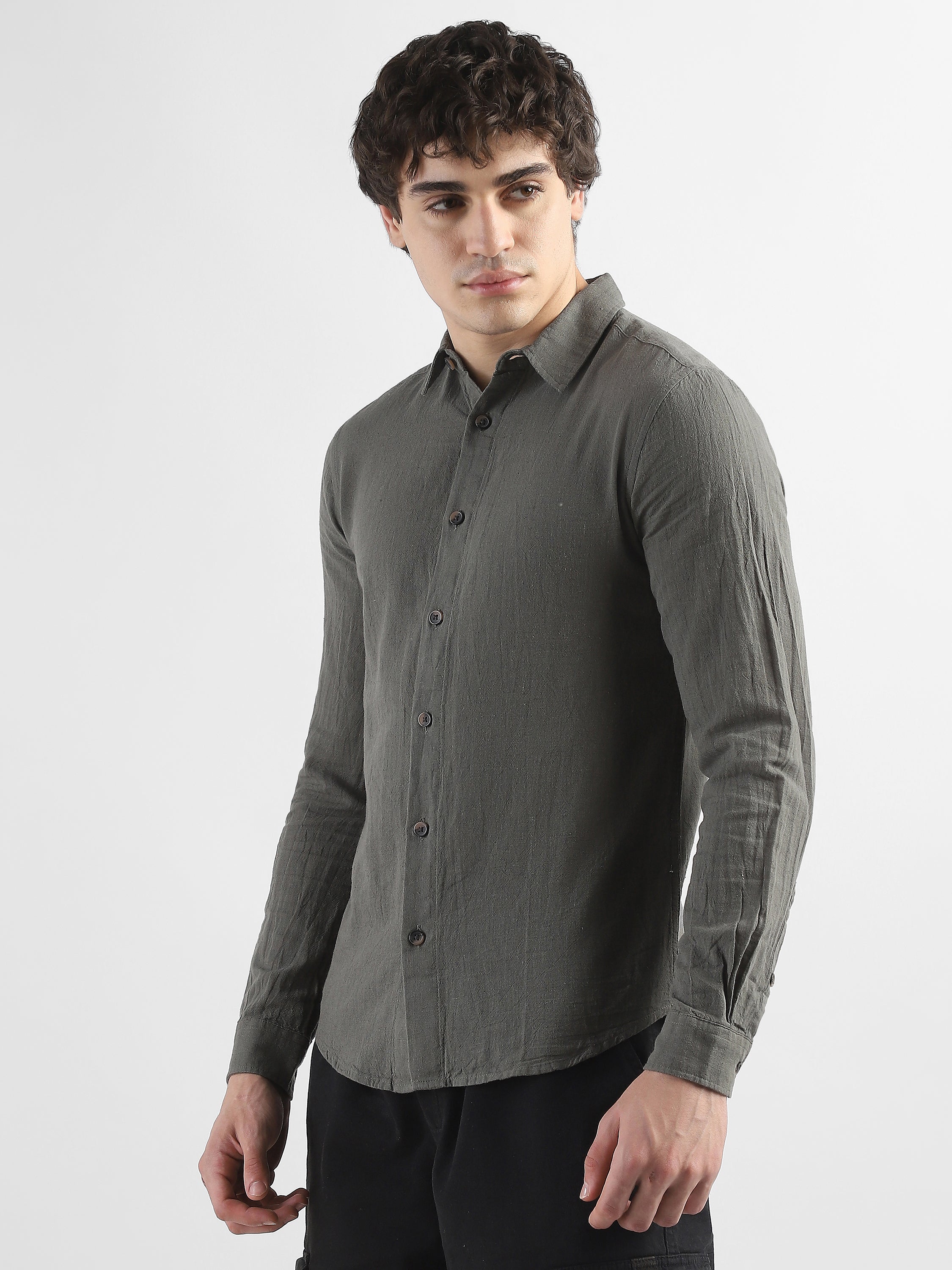 Men Olive Cotton Linen Shirt