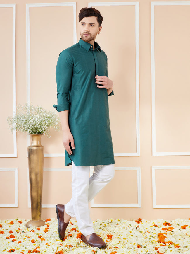 Men Green Cotton Solid Pathani Kurta