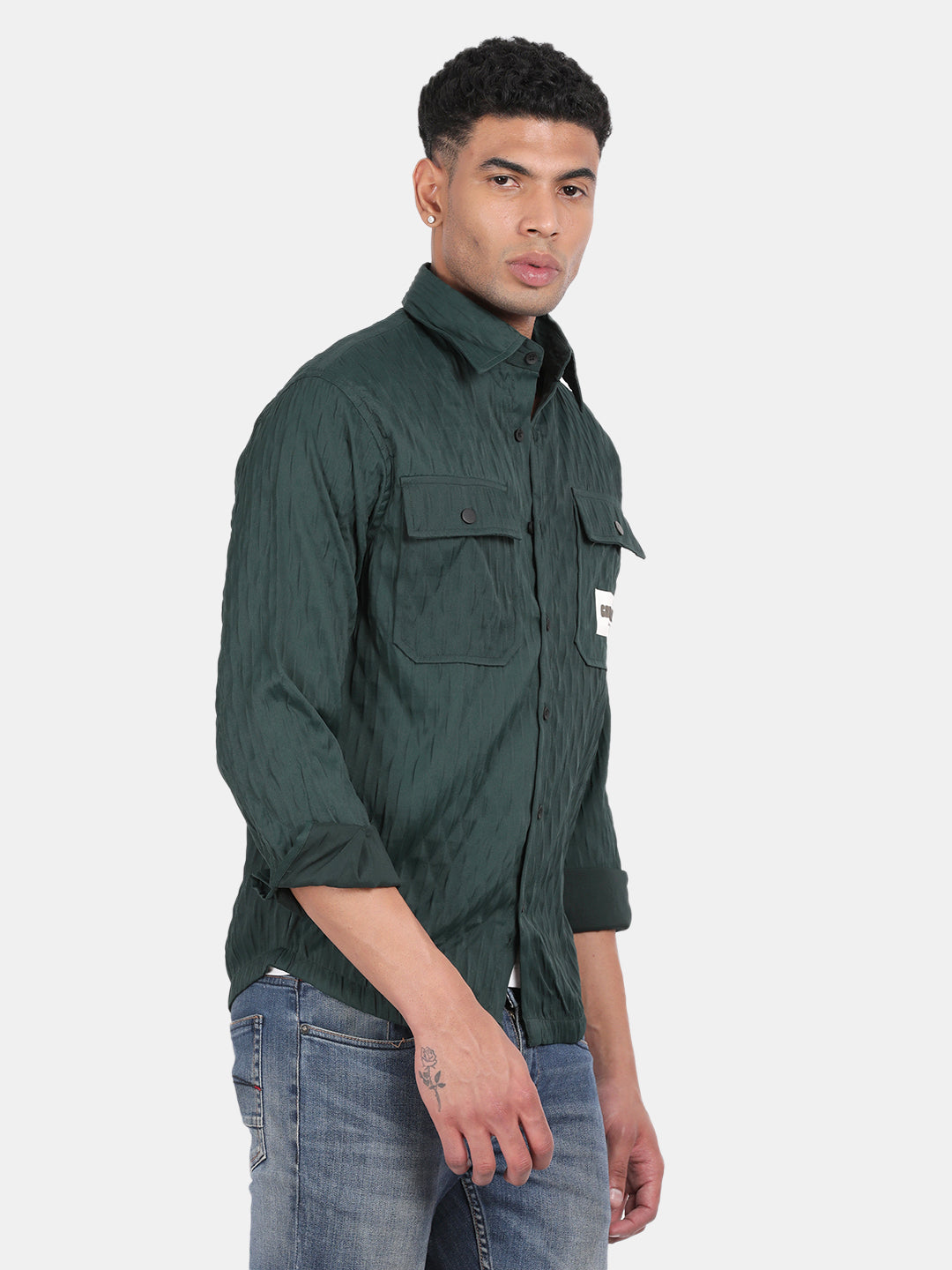 Men Dark Green Slim Fit Spread Collar Full Sleeve Casual Shirt