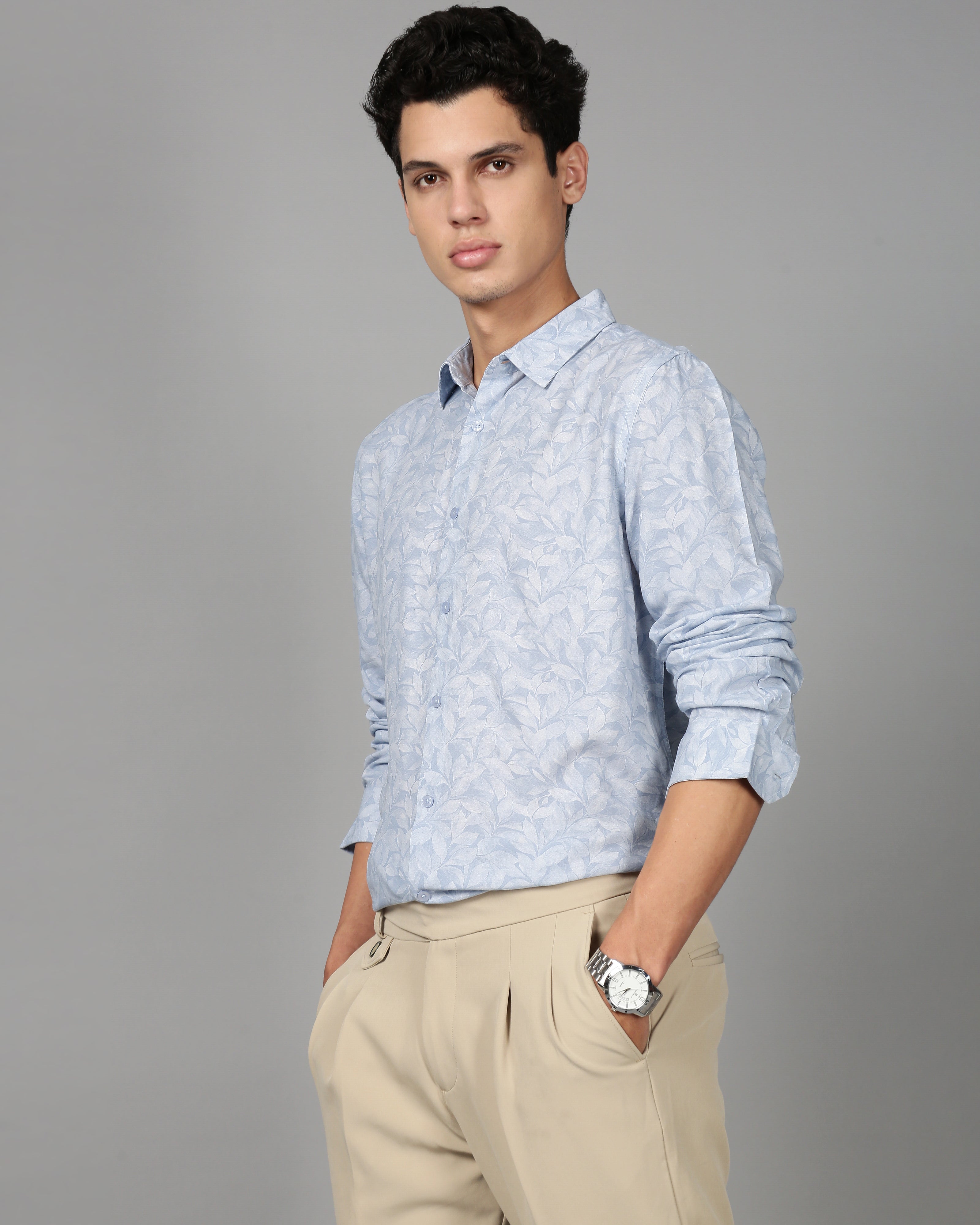 Men Blue Leaf Print Shirt
