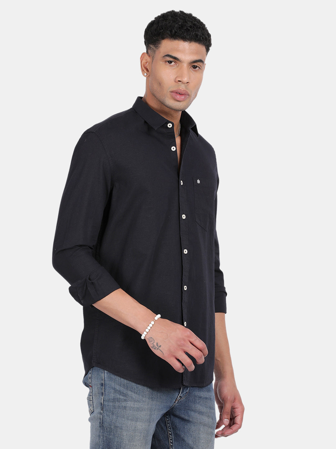 Men Navy Slim Fit Spread Collar Full Sleeve Casual Shirt