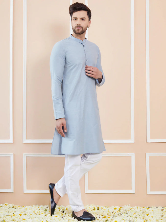 Men Blue Cotton Solid Straight Kurta