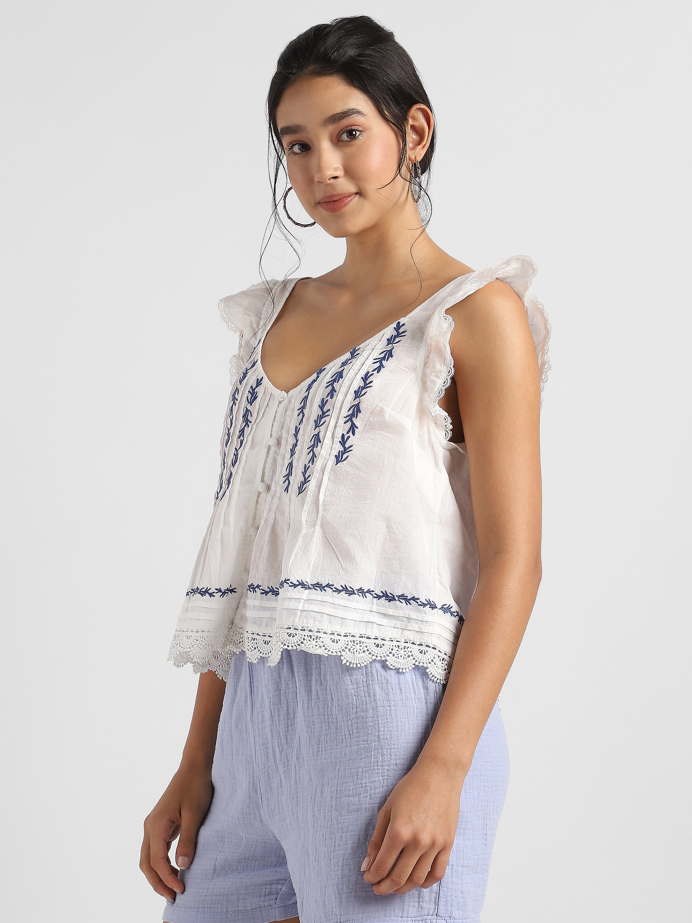 Women White and Blue Embroidered Laced Top