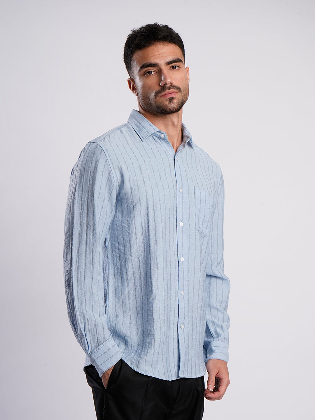 Men Blue Striped Single Pocket Shirt