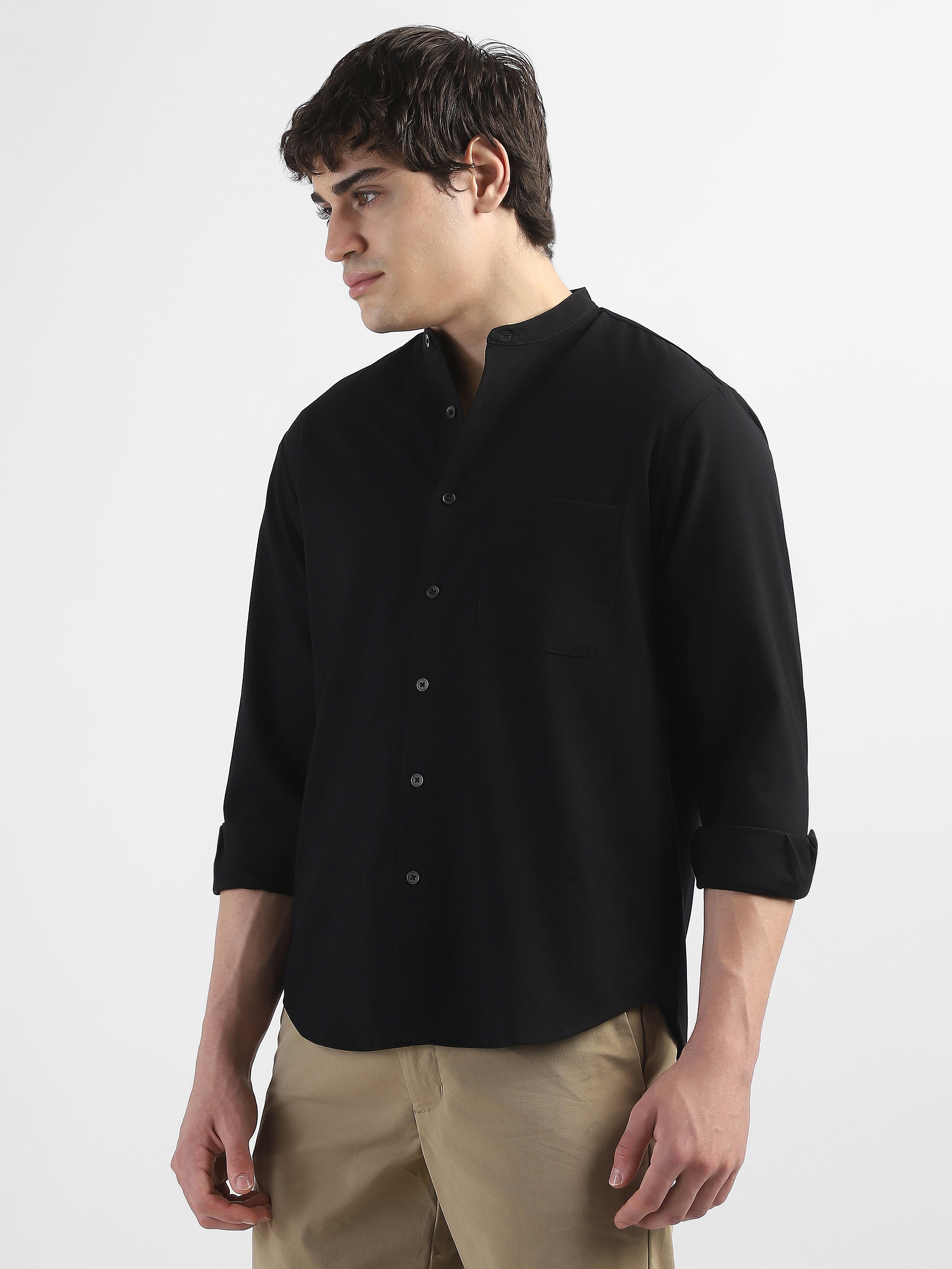 Men Black Mandarin Collar Regular Fit Shirt