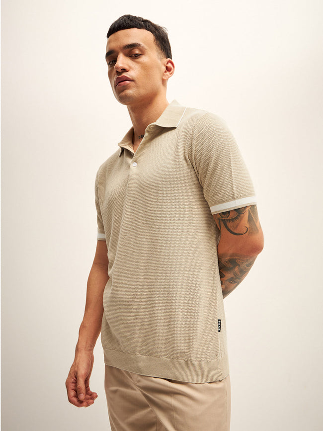 Men Beige Self Design Regular Fit Polo T-Shirt