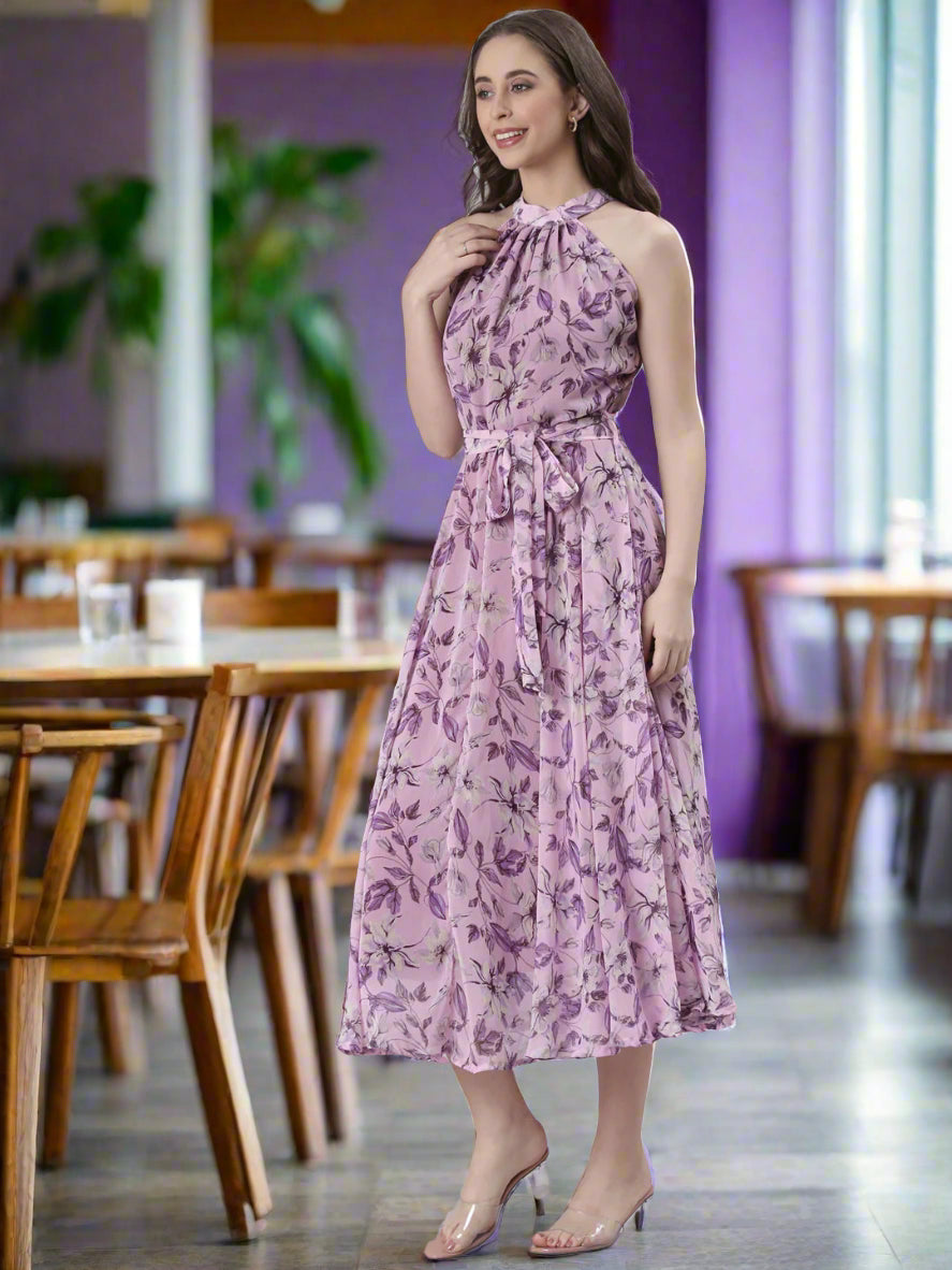 Women Lavender Floral Chiffon Dress