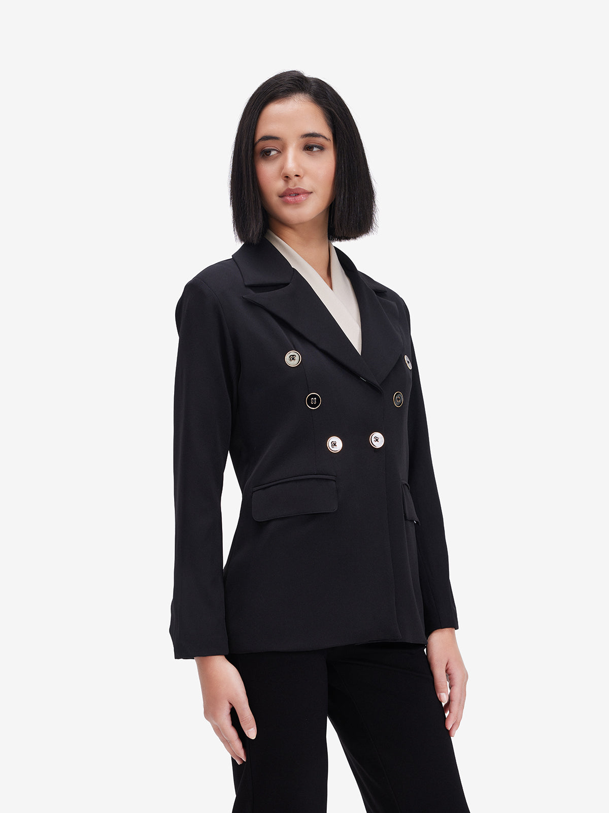 Women Classic Black Double-Breasted Blazer