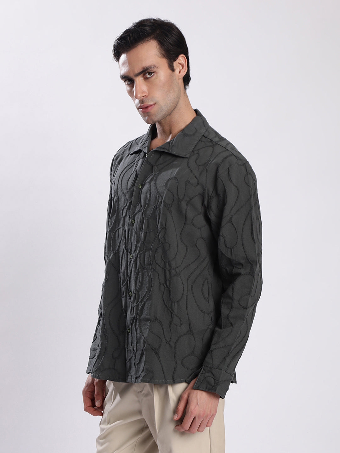 Men Olive Textured Shirt with stylized Collar