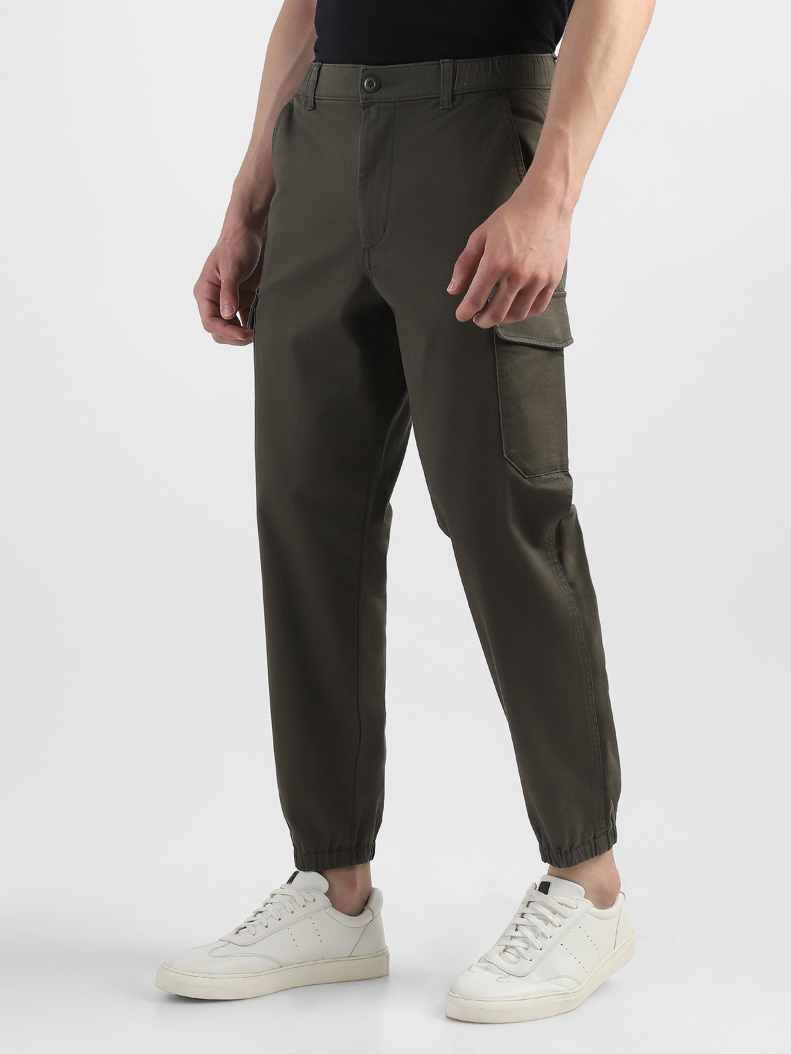 Men Cotton Blend Olive Cargo Pants with 6 Pockets