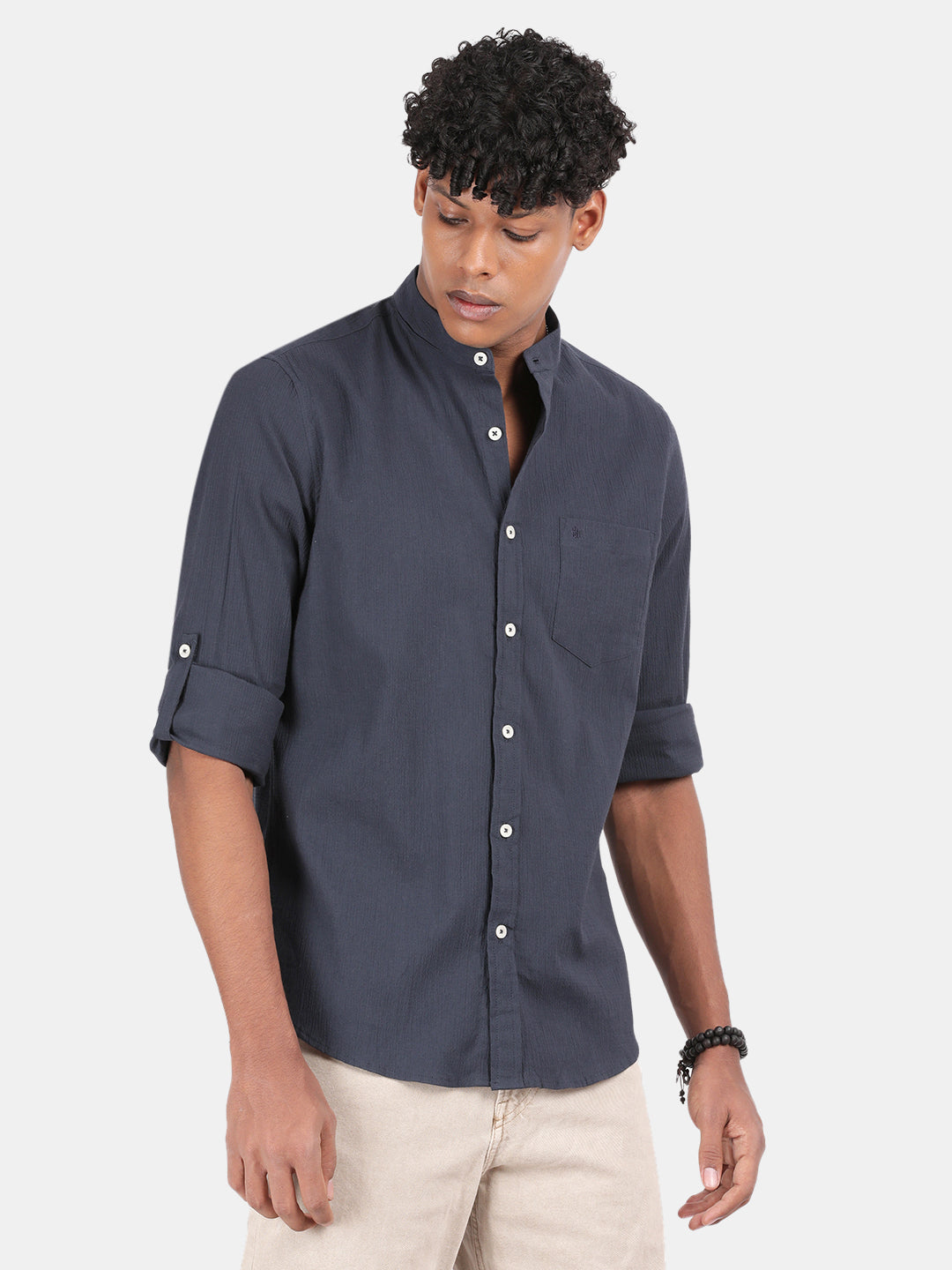 Men Blue Slim Fit Mandarin Collar Full Sleeve Casual Shirt