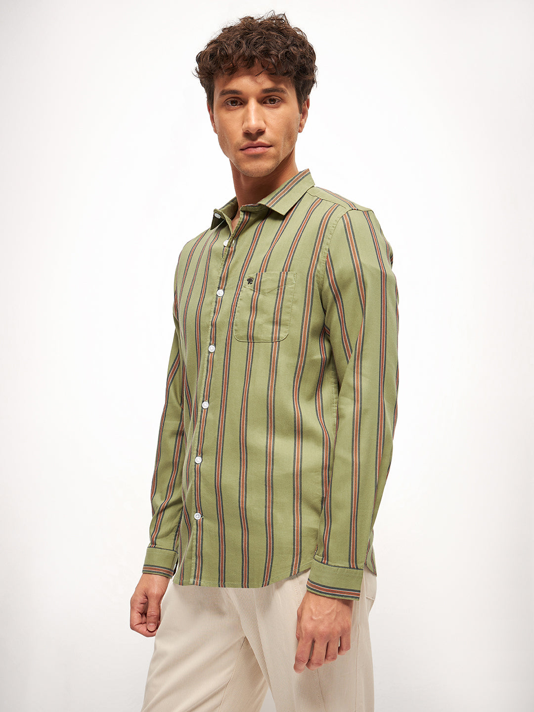 Men Olive Stripe Slim Fit Casual Shirt