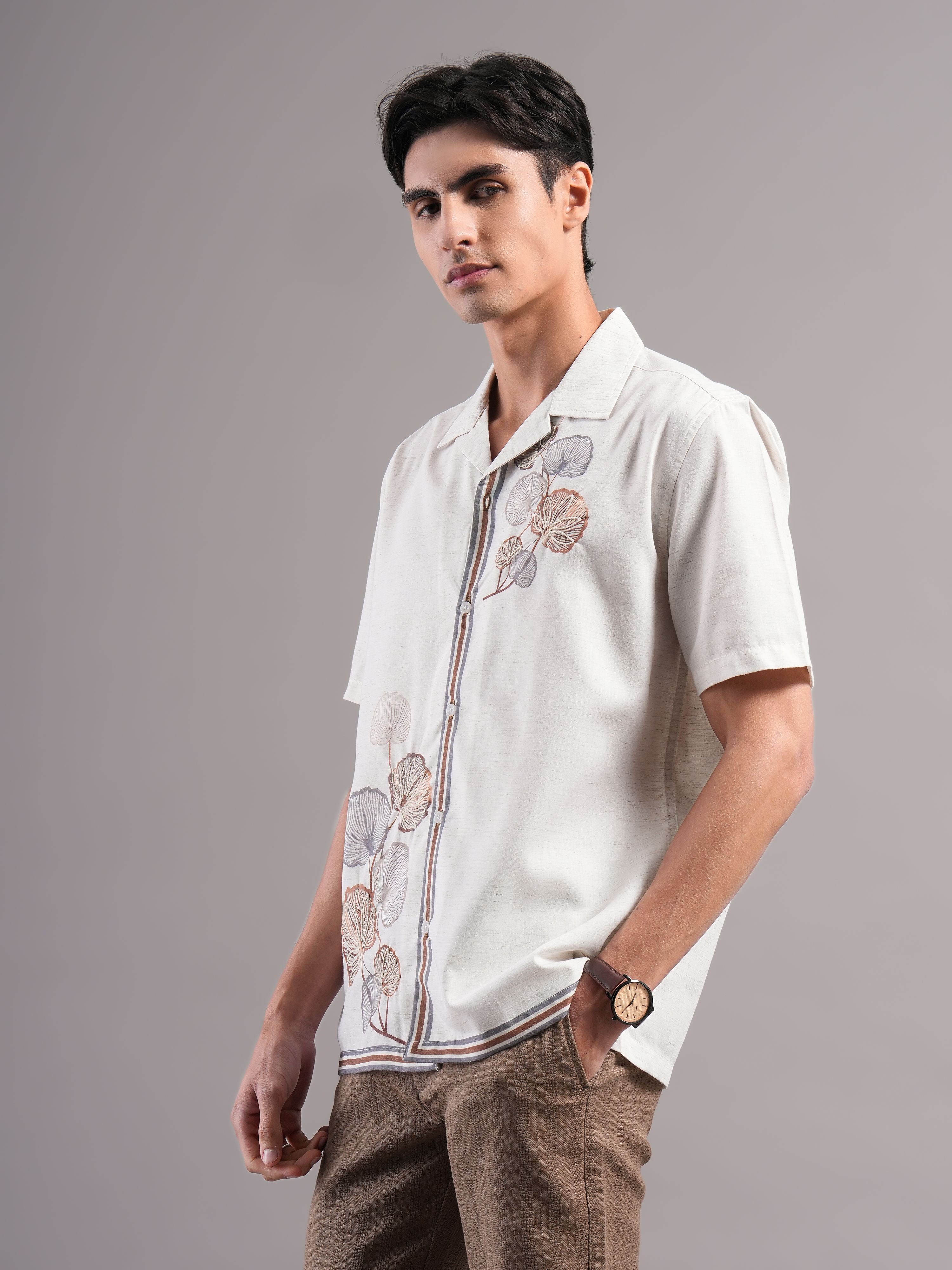 Men Cream Printed Casual Shirt