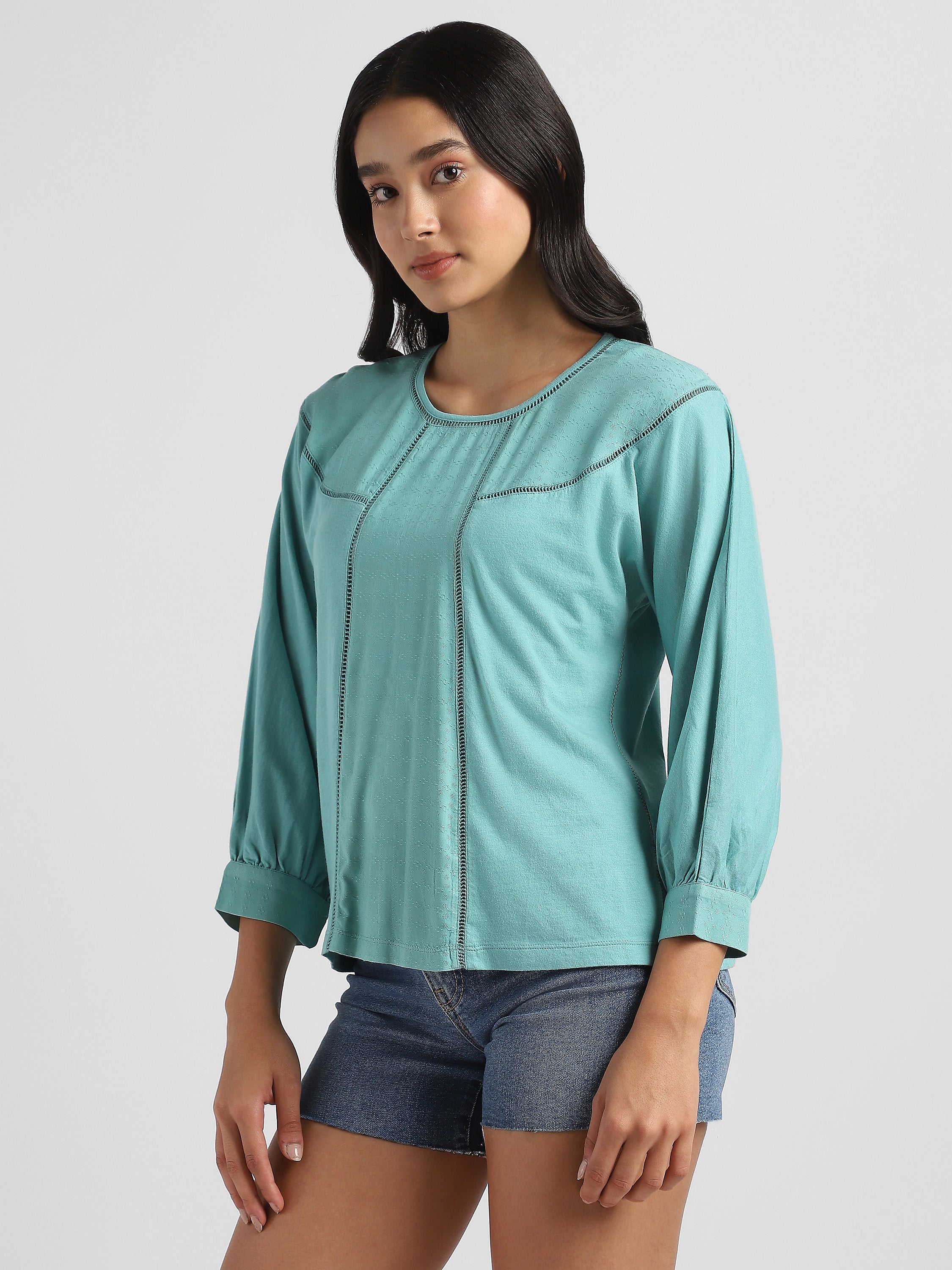 Women Green Self Design Fabric Top