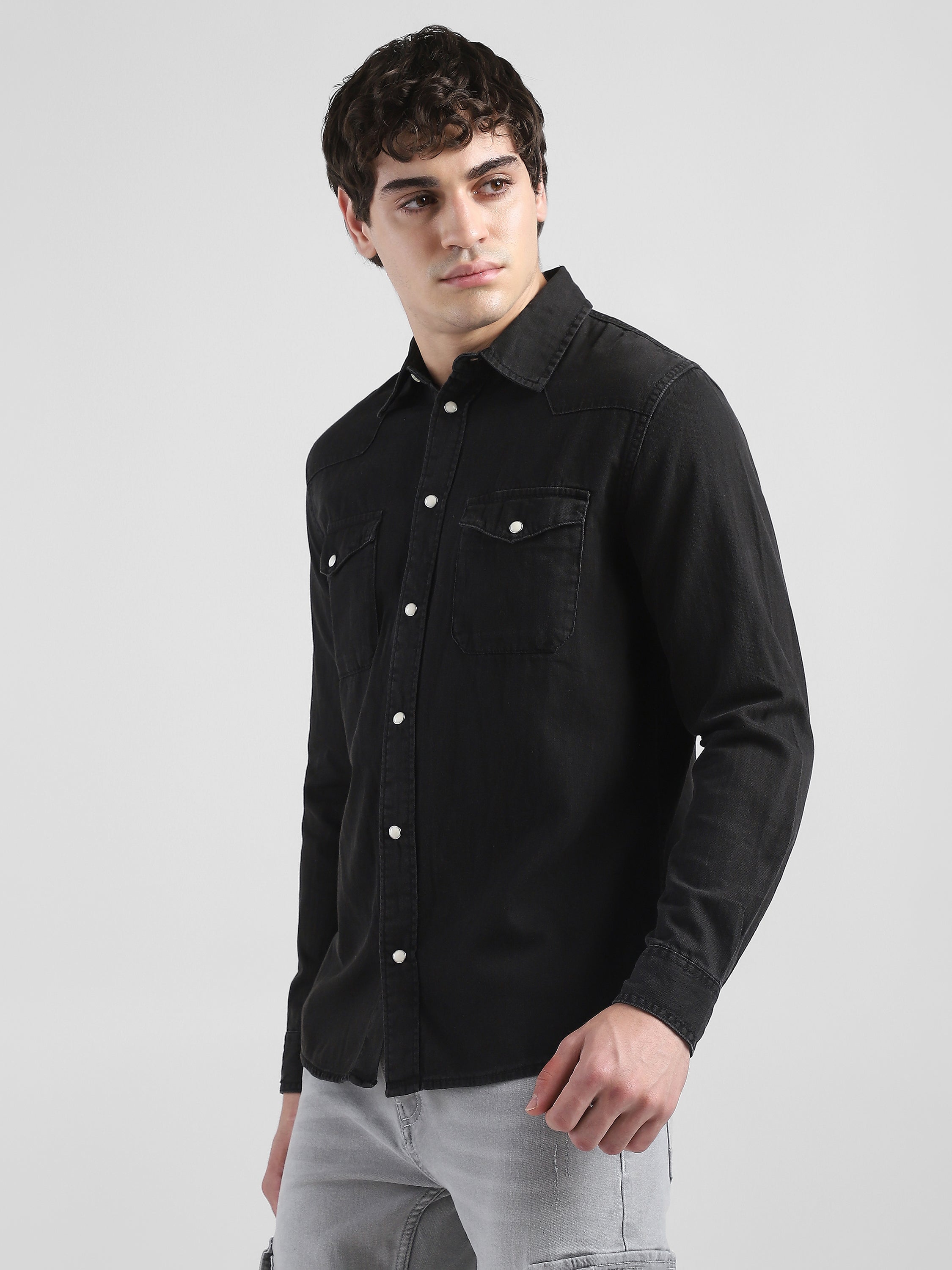 Men Denim Black Regular Fit Shirt with Two Pockets