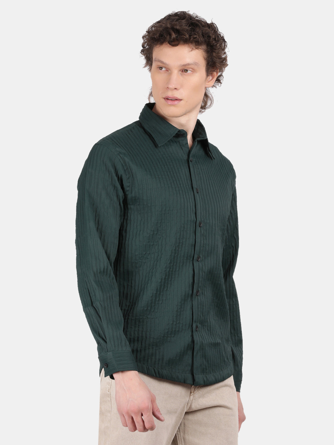 Men Dark Green Slim Fit Spread Collar Full Sleeve Casual Shirt