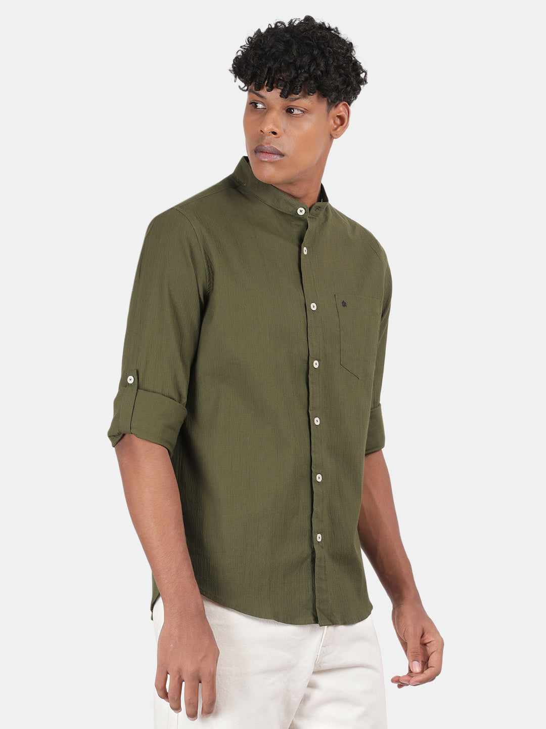 Men Olive Slim Fit Mandarin Collar Full Sleeve Casual Shirt