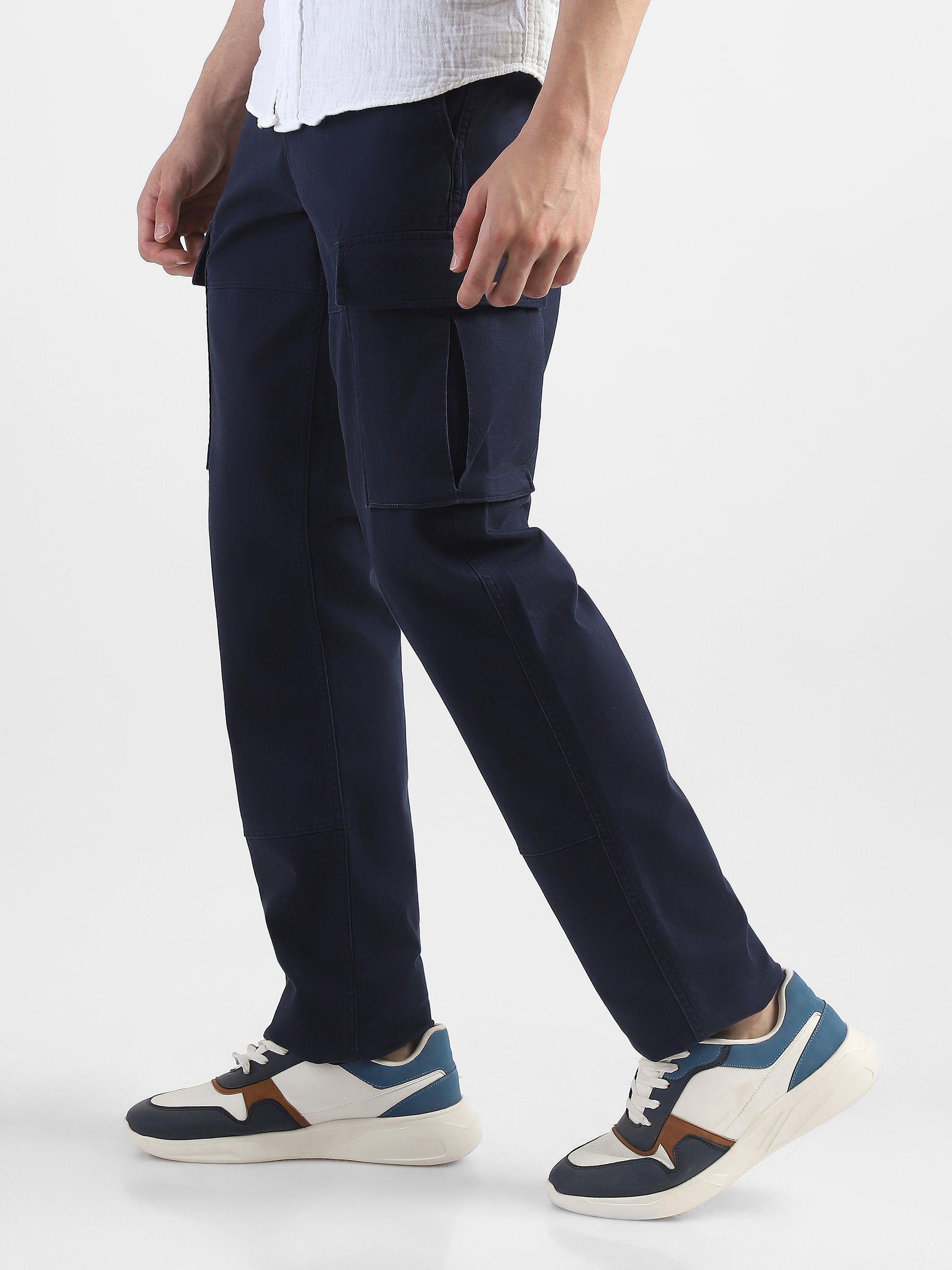 Men Navy Cotton Mid Rise Cargo Pants