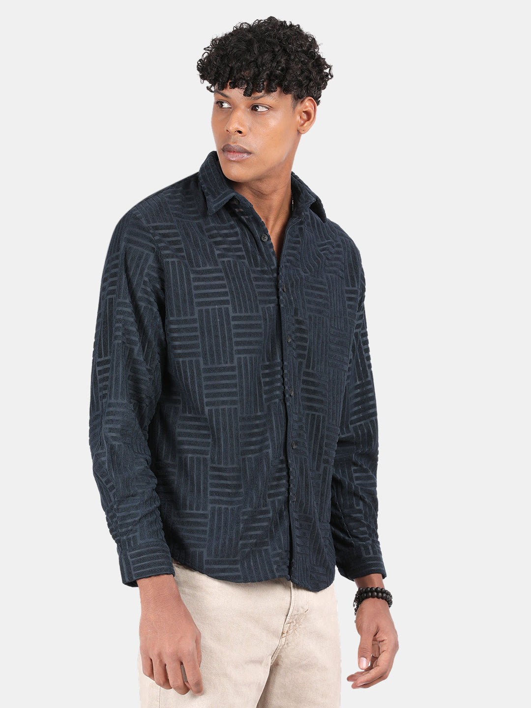 Men Blue Slim Fit Spread Collar Full Sleeve Casual Shirt