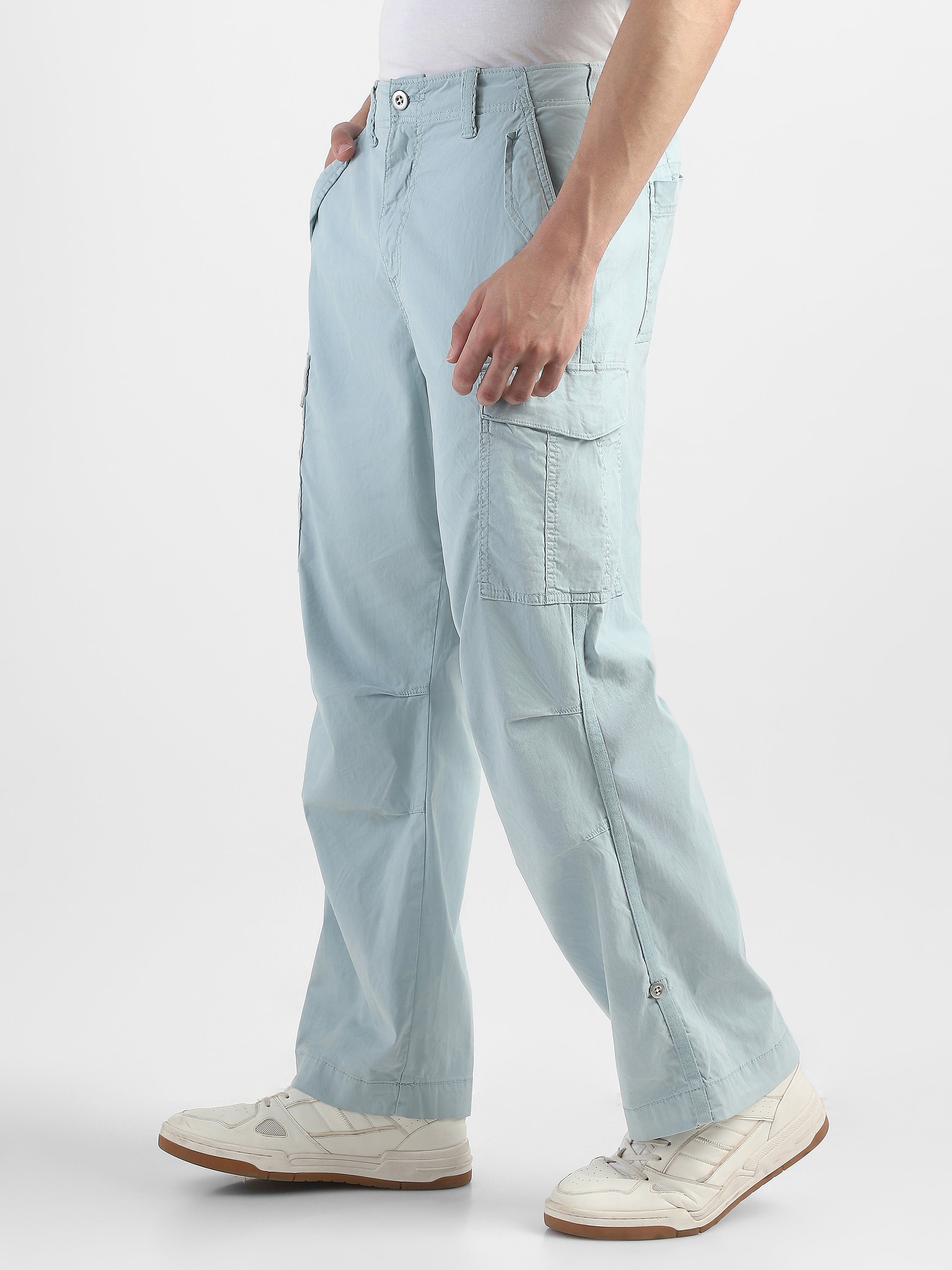 Men Light Blue Mid Rise Comfort Fit Cargo with 6 pockets
