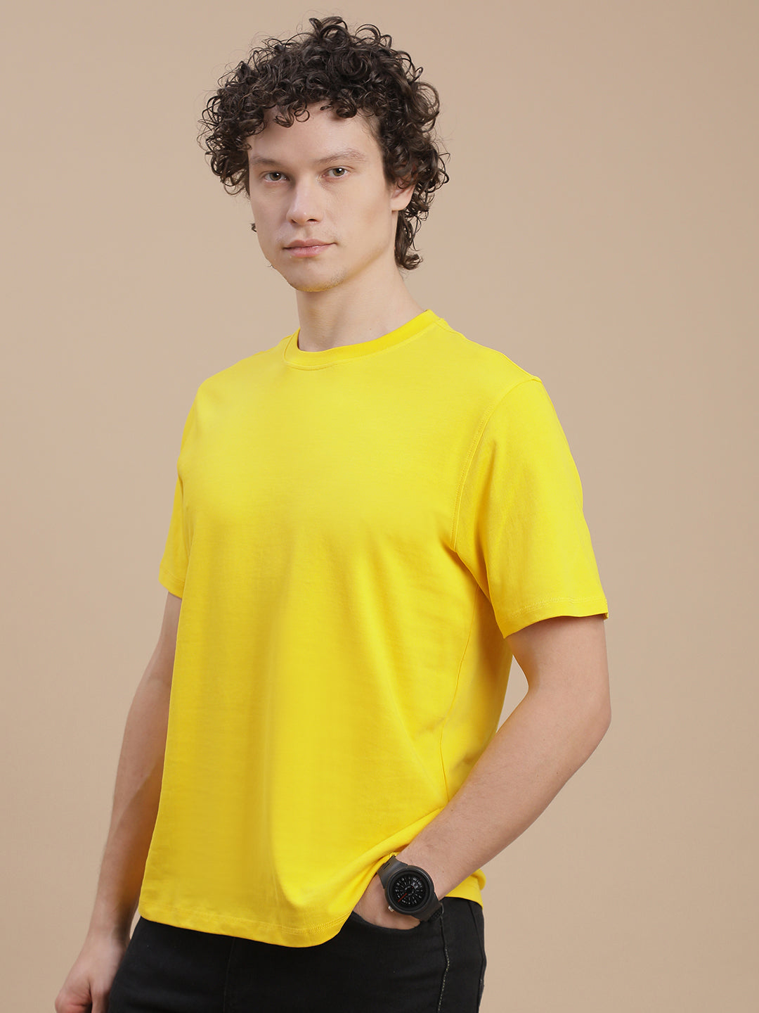 Men Mustard Crew Neck T-Shirt