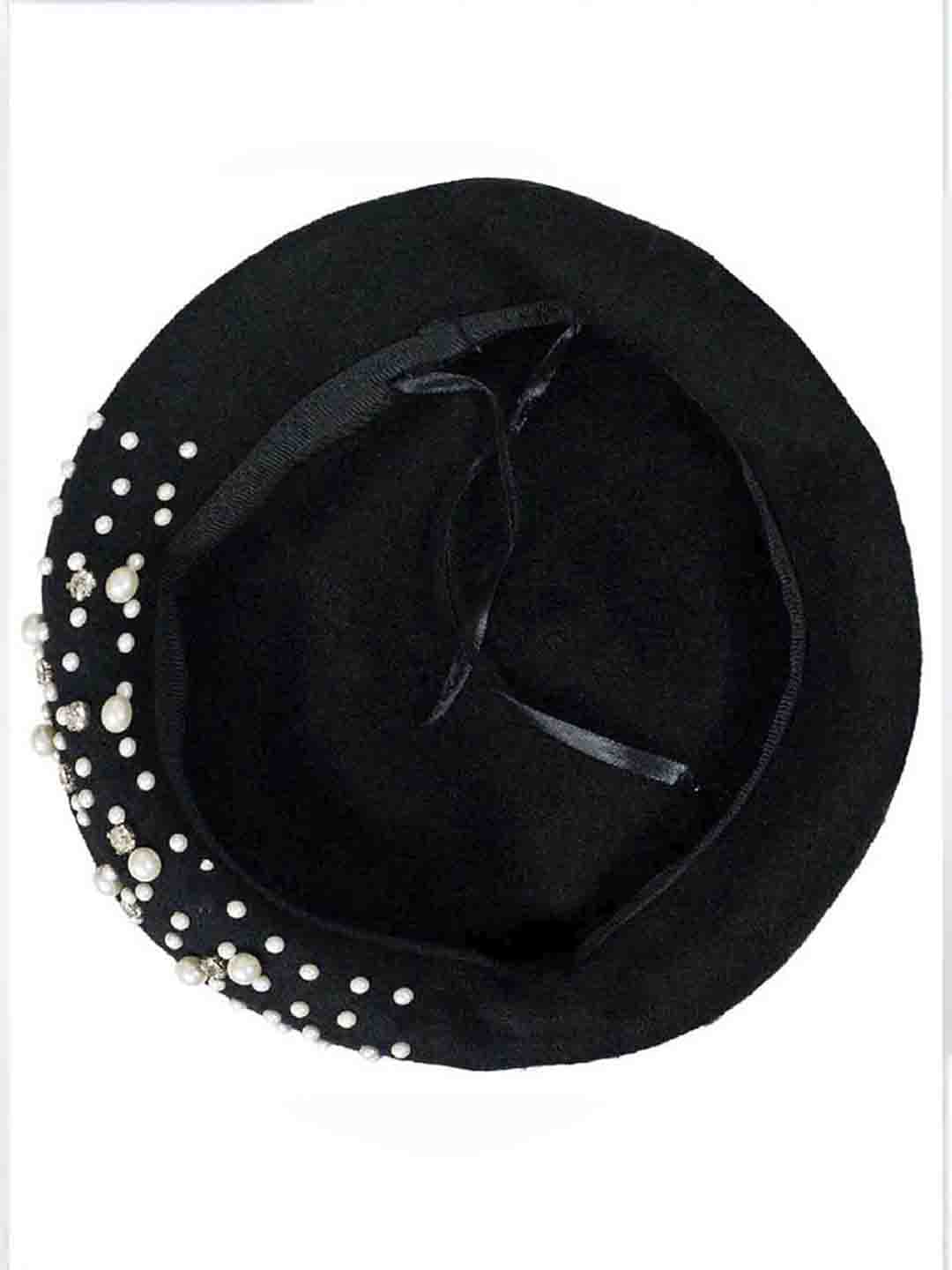 Black Beret with Pearls & Crystals