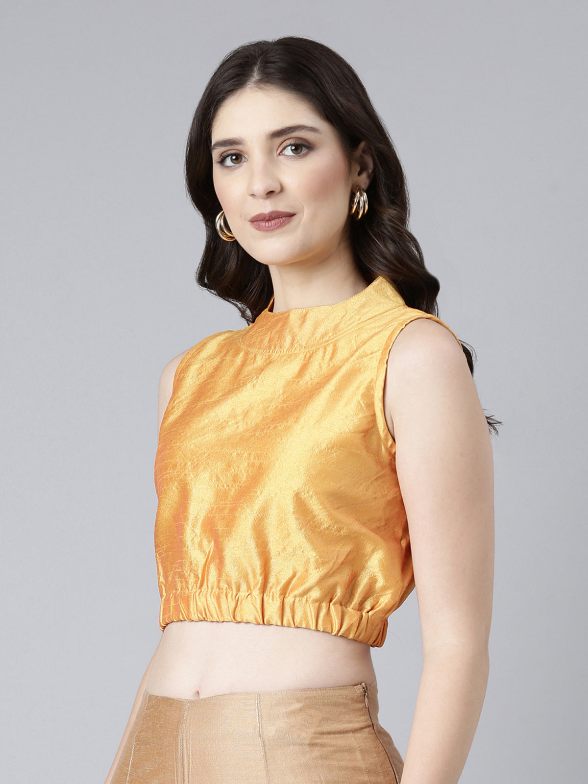 Mustard Solid Three-Quarter Sleeves Mandarin Collar Dupion Silk Knot Blouse