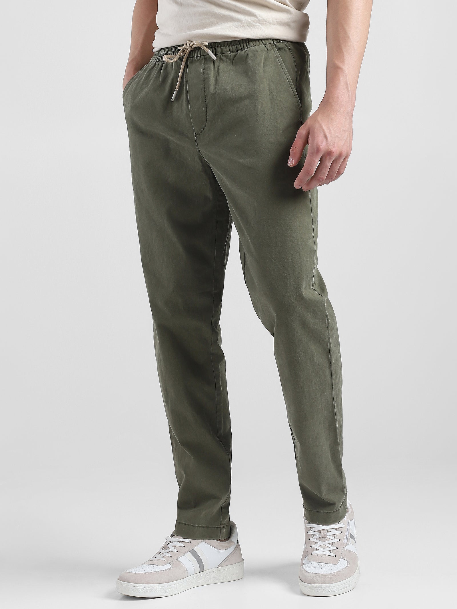 Men Olive Cotton Blend Pants