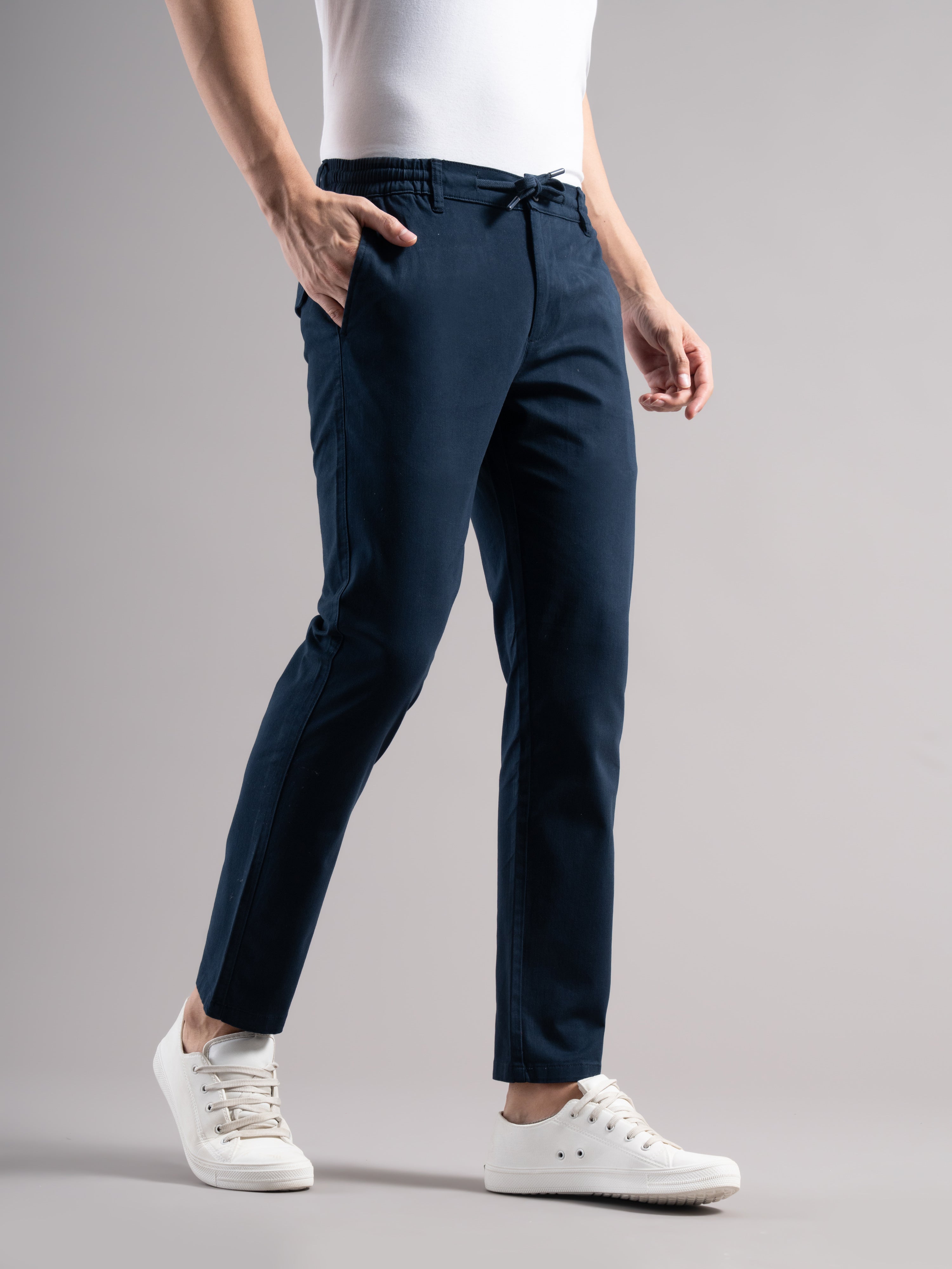 Men Teal Elastic Drawstring Trousers