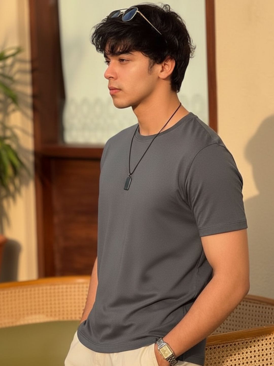 Men Grey Solid Cotton T-shirt