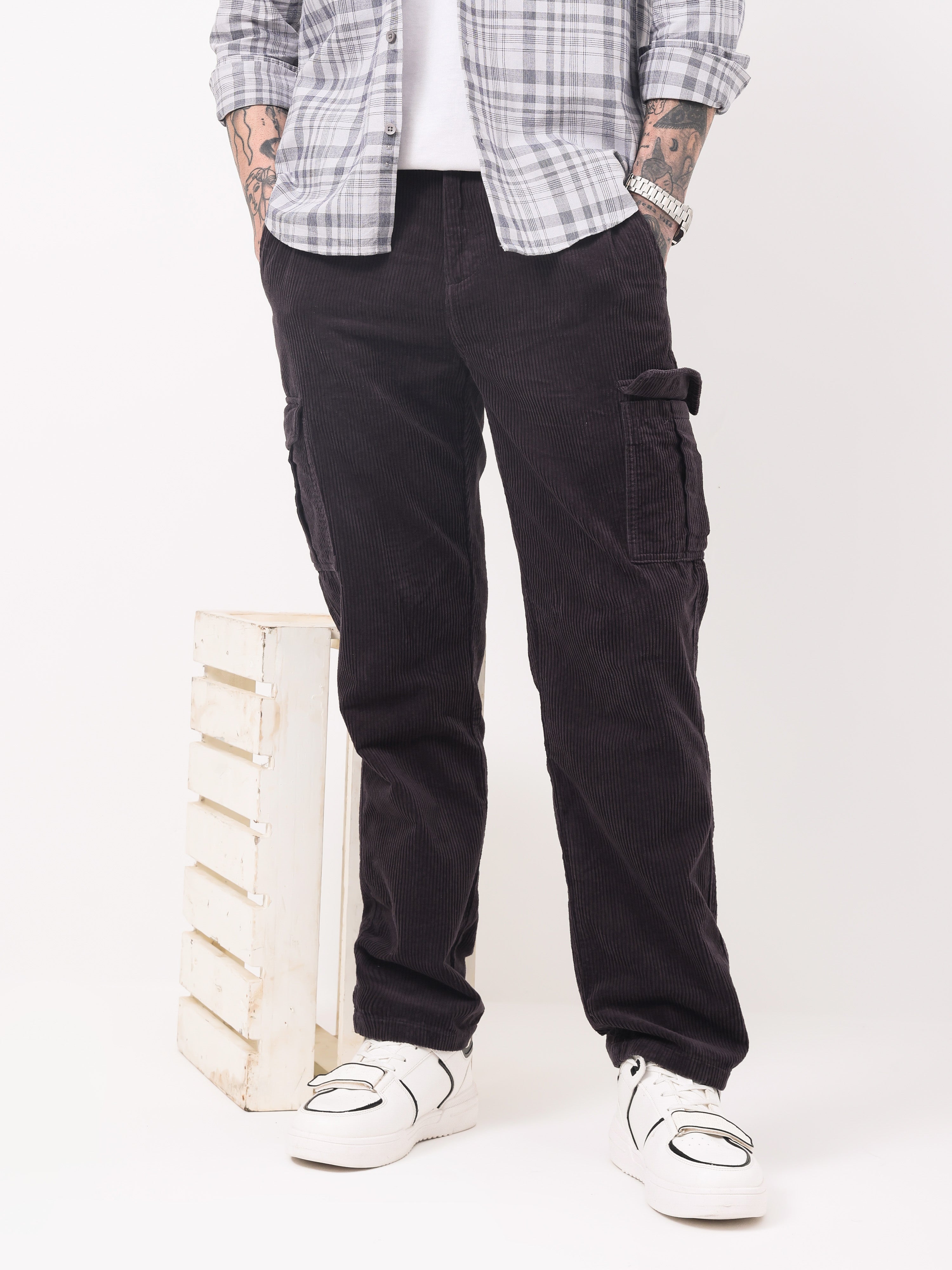 Men Black Corduroy Cargo Pants